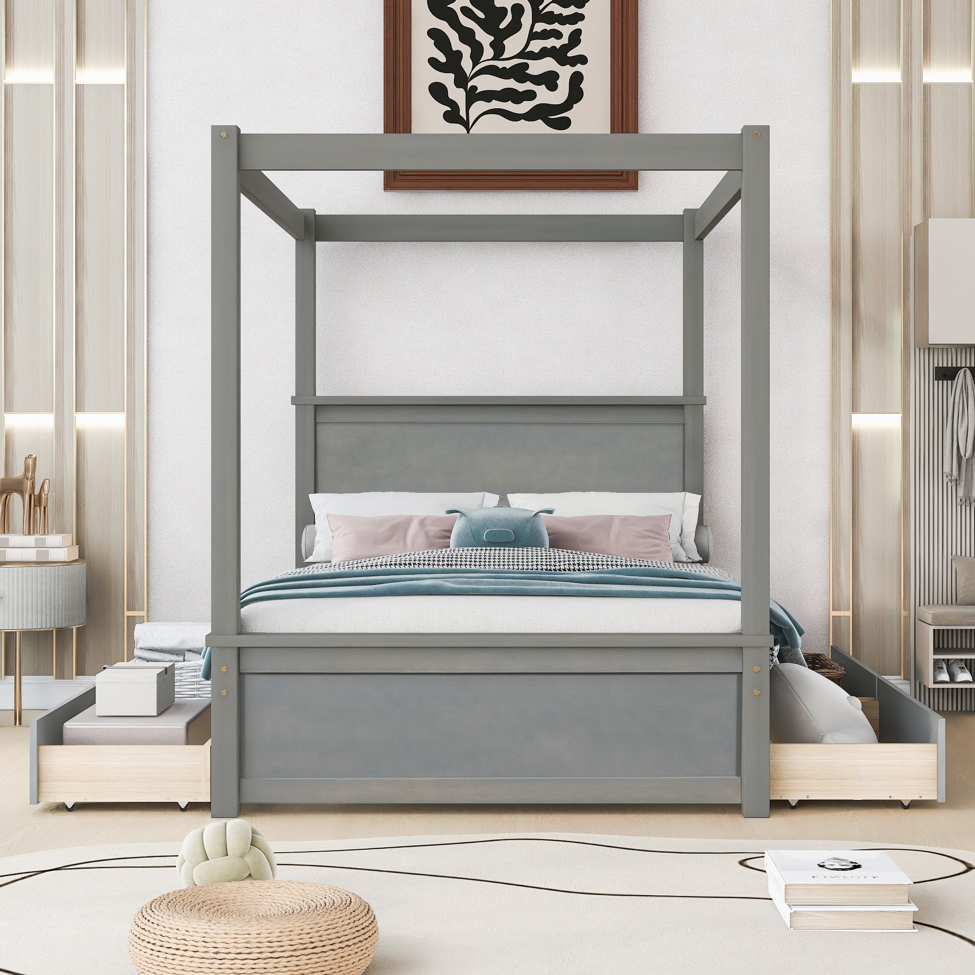 Wood Canopy Bed with four Drawers ,Full Size Canopy Platform Bed With Support Slats .No Box Spring Needed, Brushed Gray - Atlantic Fine Furniture Melbourne FL