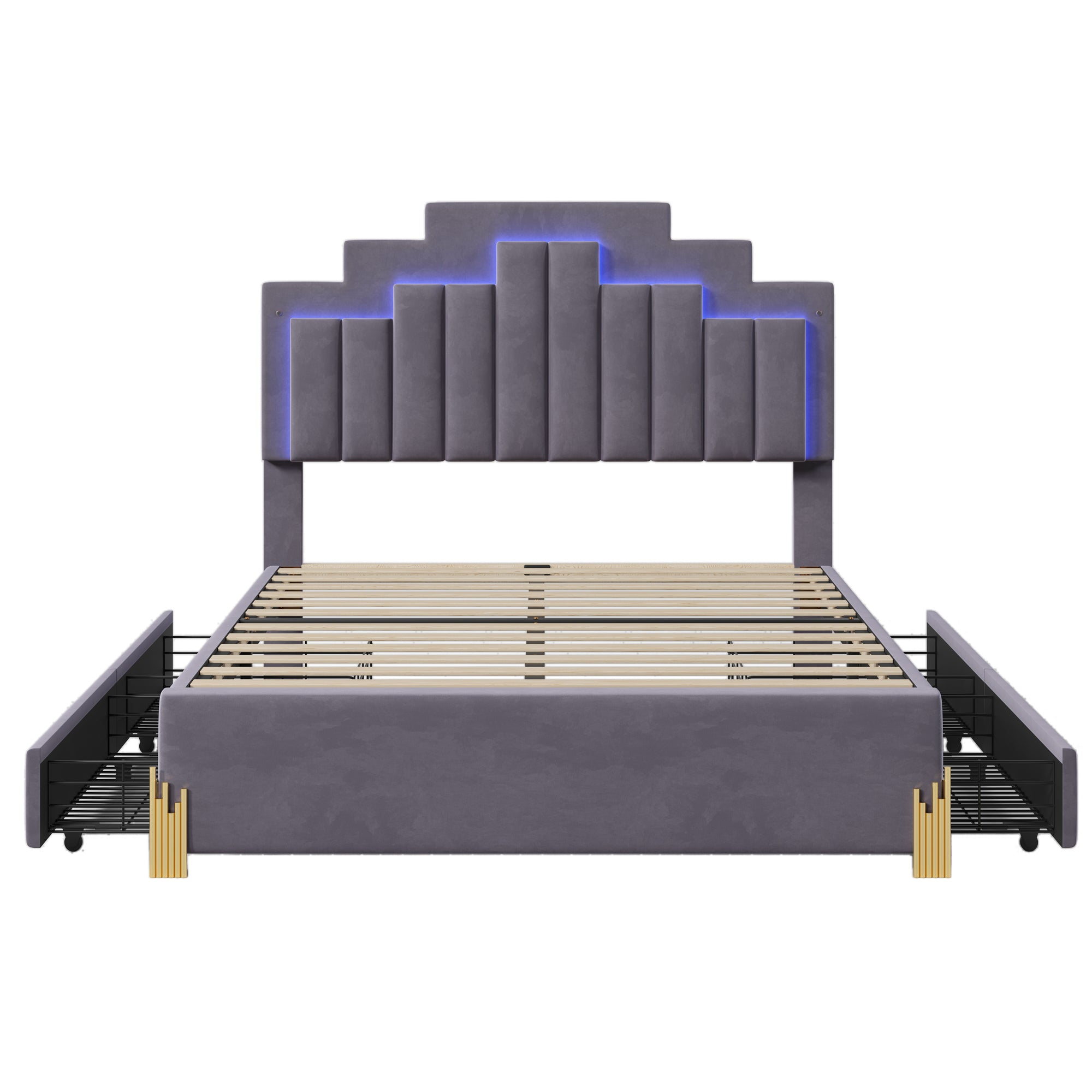 Full Size Upholstered Platform Bed with LED Lights and 4 Drawers, Stylish Irregular Metal Bed Legs Design, Gray - Atlantic Fine Furniture Melbourne FL