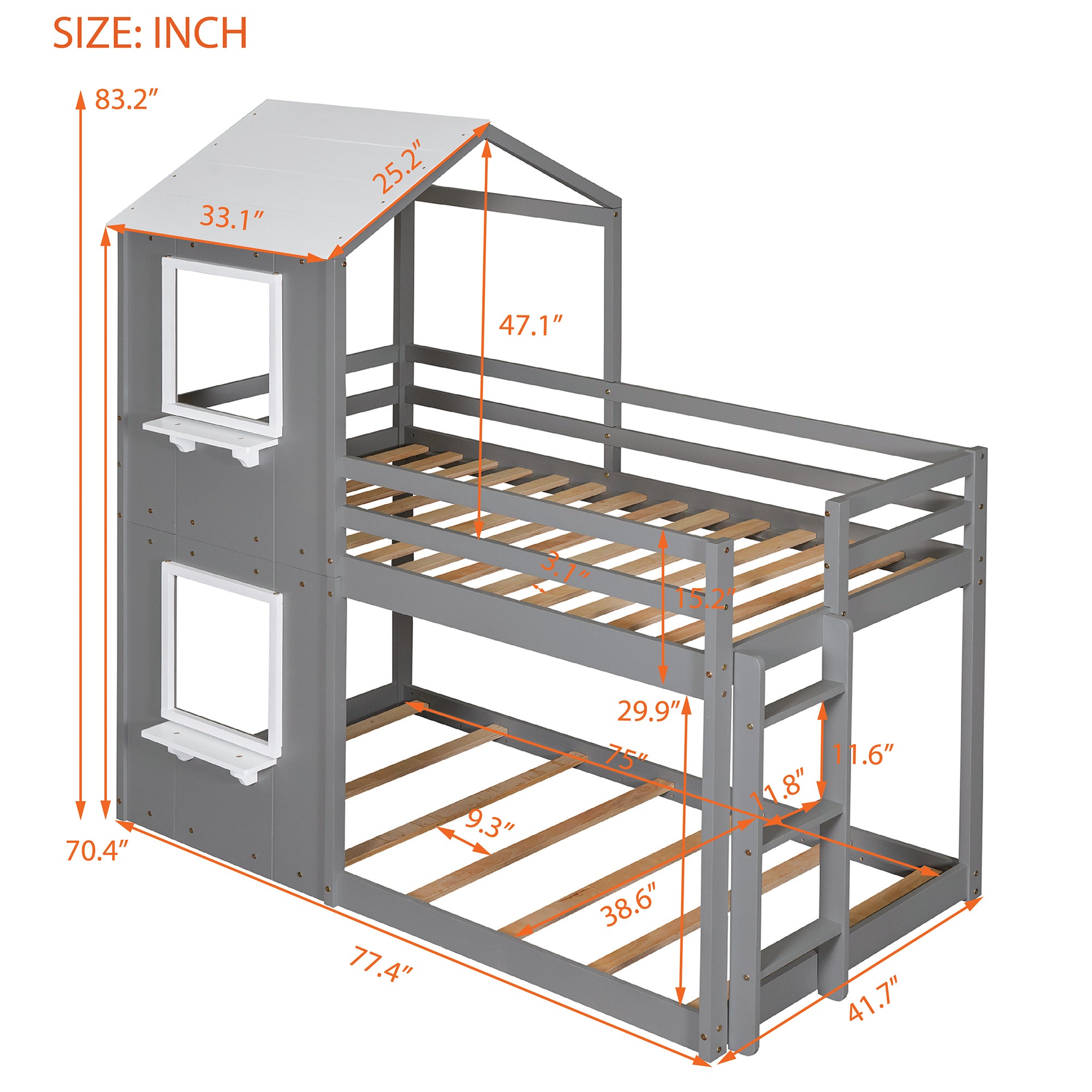 Twin Over Twin Bunk Bed Wood Bed with Roof, Window, Guardrail, Ladder (White) - Atlantic Fine Furniture Melbourne FL