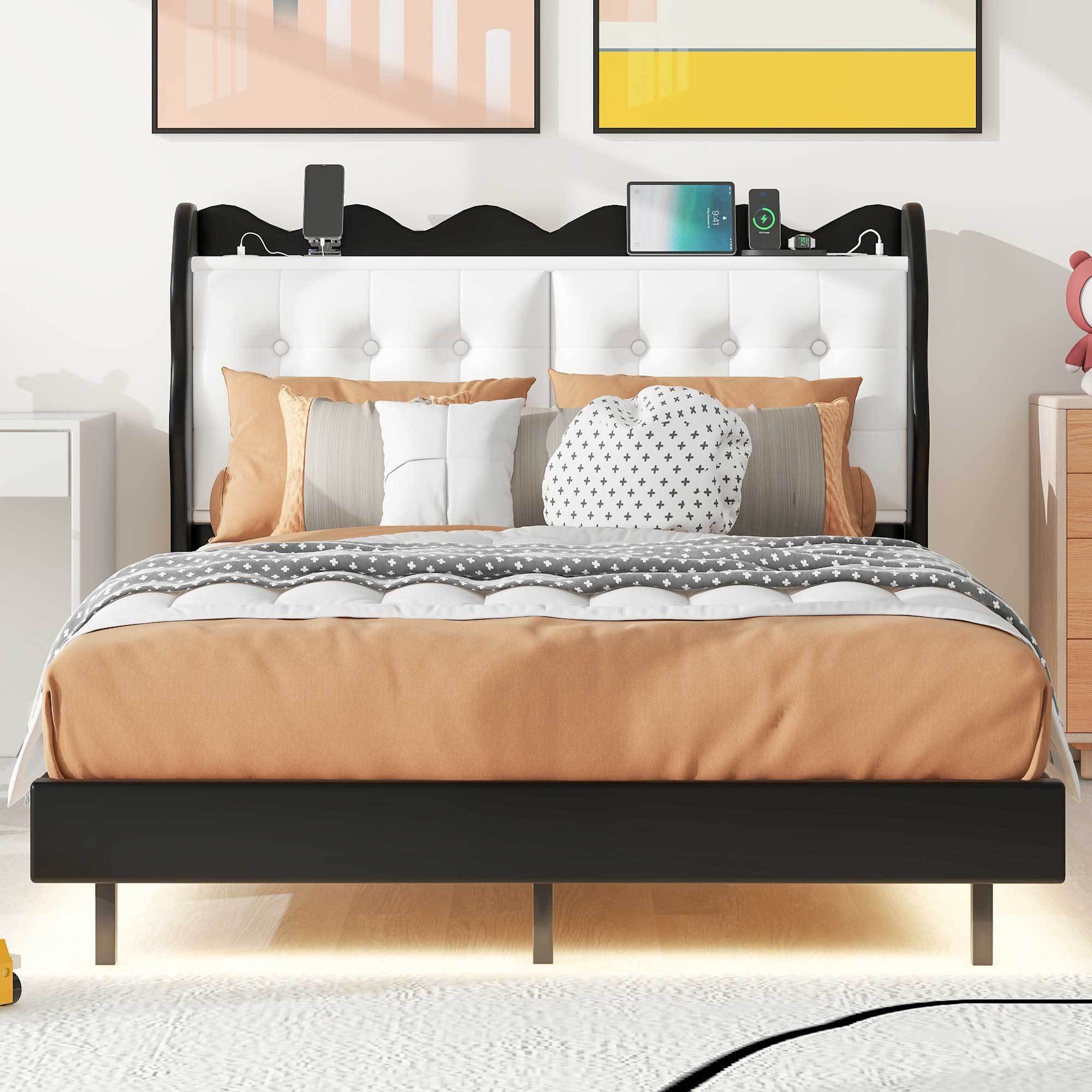 Full Size Upholstery Platform Bed Frame with LED Light Strips and Built-in Storage Space,Black - Atlantic Fine Furniture Melbourne FL