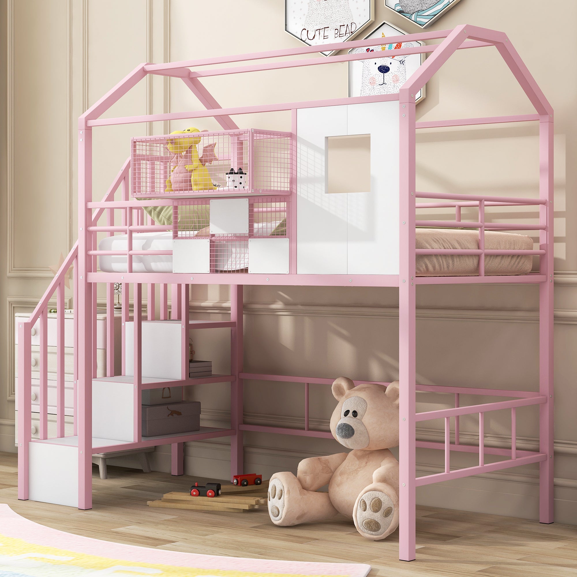 Metal Loft Bed with roof design and a storage box, Twin, Pink - Atlantic Fine Furniture Melbourne FL