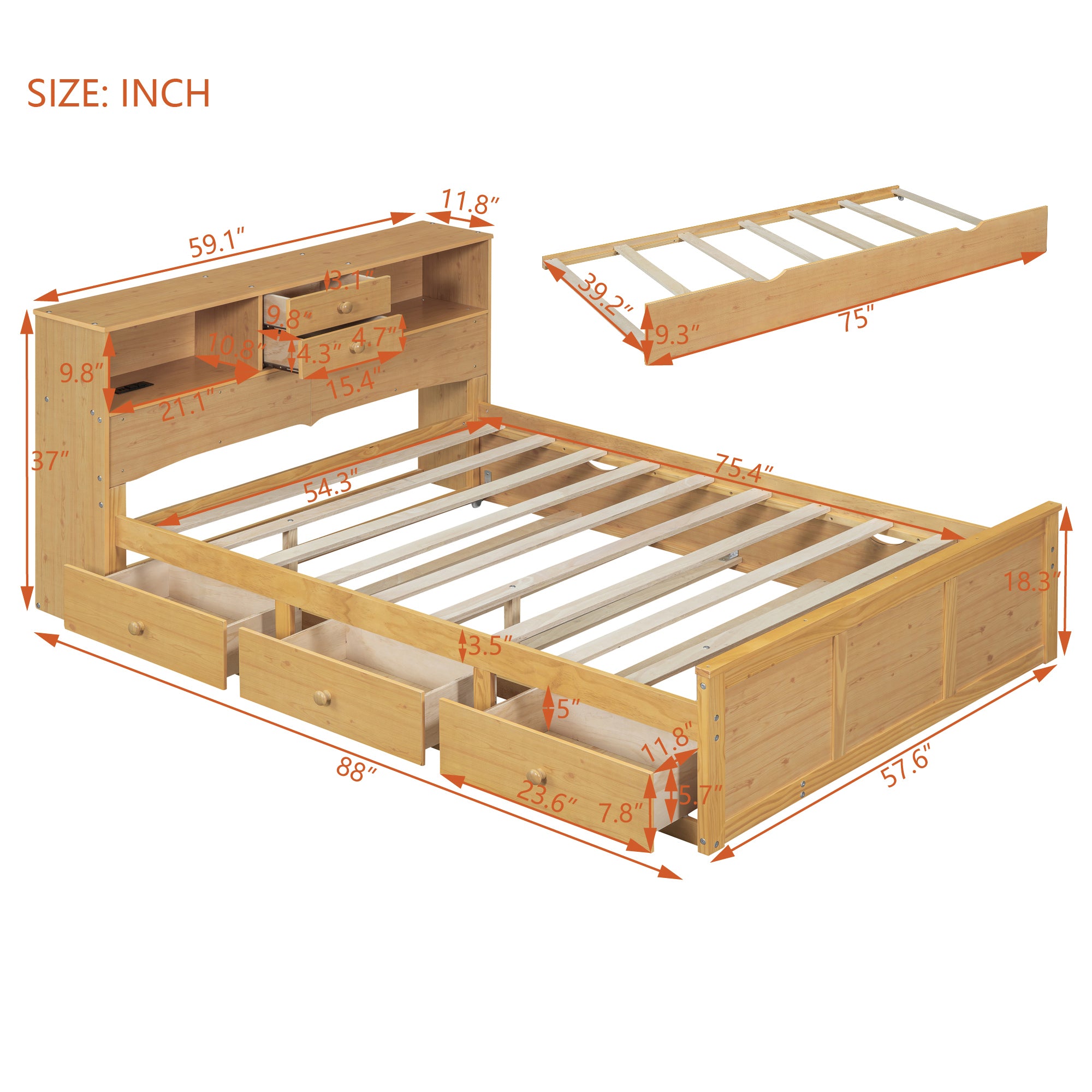 Full Size Wood Pltaform Bed with Twin Size Trundle, 3 Drawers, Upper Shelves and a set of USB Ports & Sockets, Natural - Atlantic Fine Furniture Melbourne FL