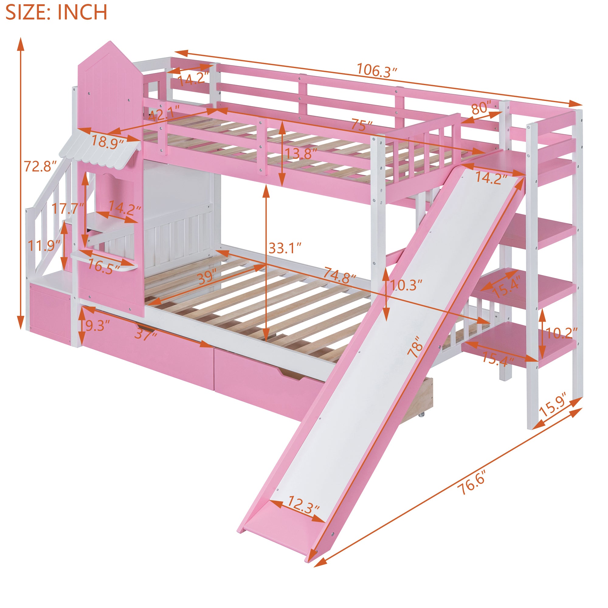 Twin-Over-Twin Castle Style Bunk Bed with 2 Drawers 3 Shelves and Slide - Pink - Atlantic Fine Furniture Melbourne FL