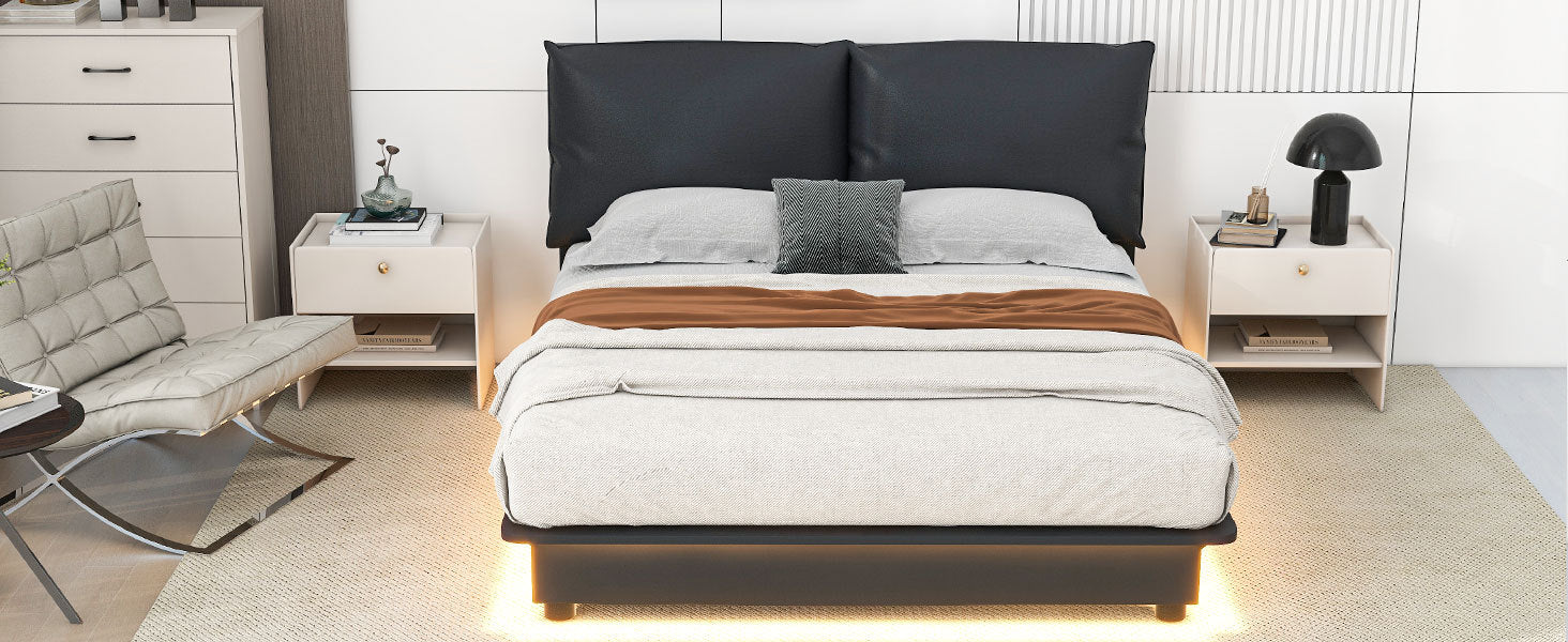 Queen Size Upholstered Platform Bed with Sensor Light and Ergonomic Design Backrests, Black - Atlantic Fine Furniture Melbourne FL