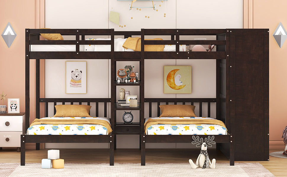 Full-Over-Twin-Twin Bunk Bed with Shelves, Wardrobe and Mirror, Espresso - Atlantic Fine Furniture Melbourne FL