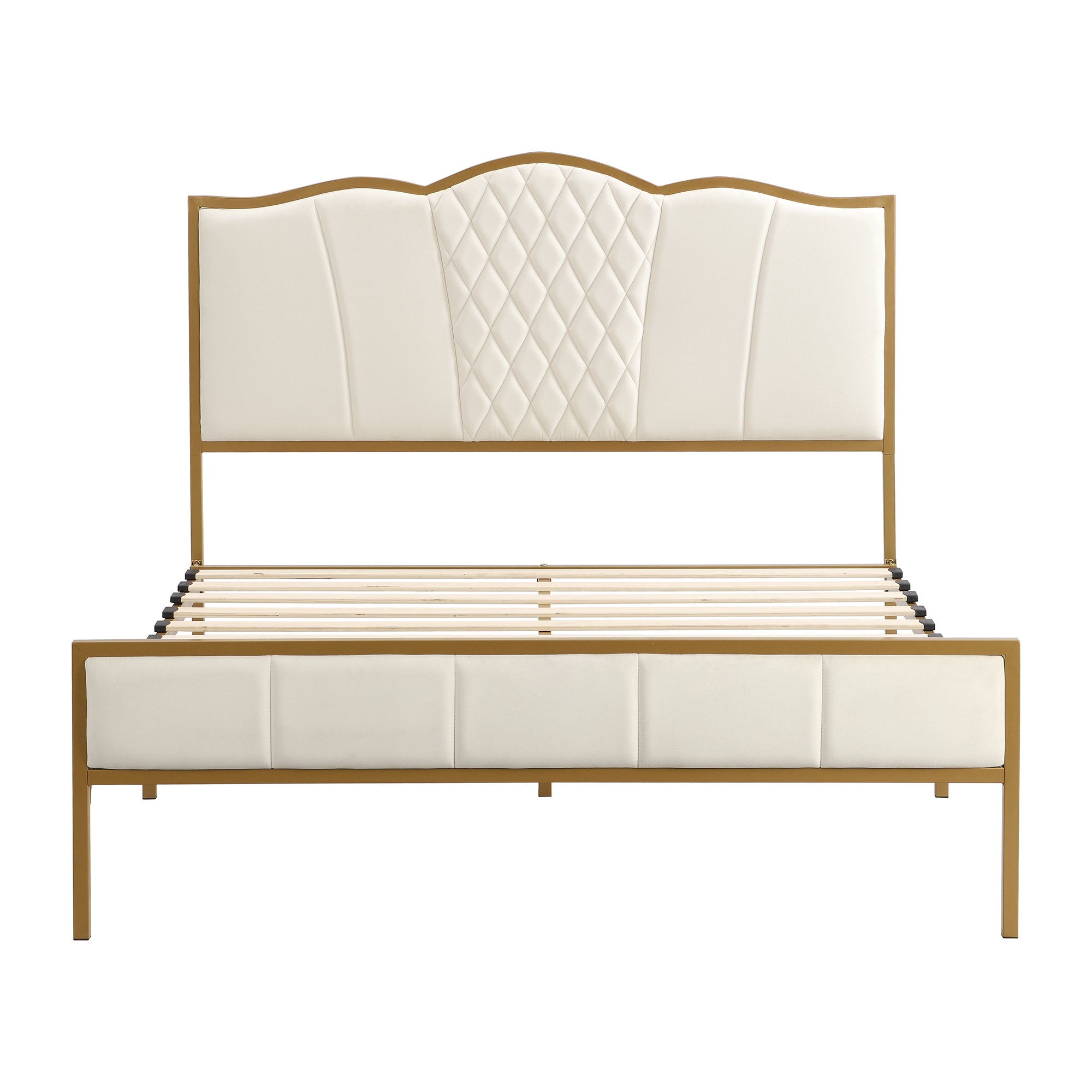 Queen Size Bed Frame, Modern Upholstered Bed Frame with Tufted Headboard, Golden Metal Platform Bed Frame with Wood Slat Support, Noise Free, No Box Spring Needed,Beige - Atlantic Fine Furniture Melbourne FL