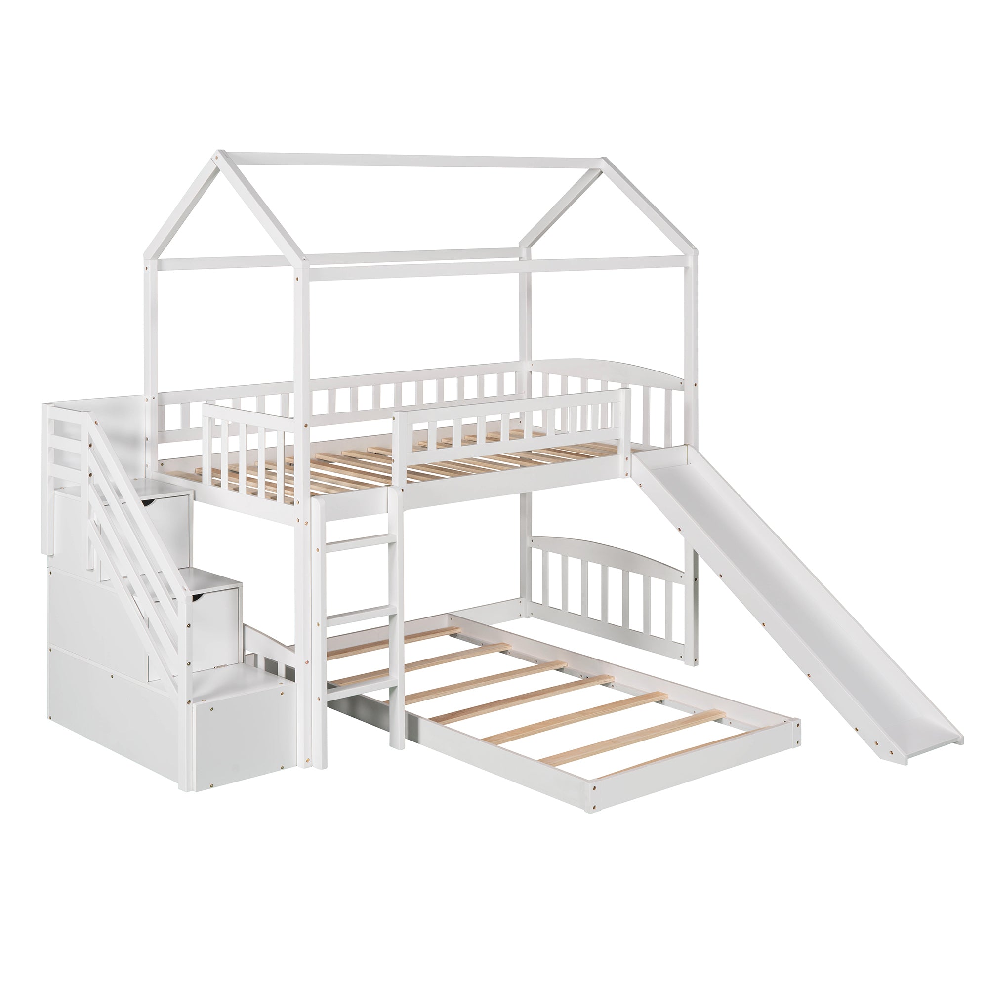 Twin Over Twin Bunk Bed with Two Drawers and Slide, House Bed with Slide, White(OLD SKU :LP000129AAK) - Atlantic Fine Furniture Melbourne FL
