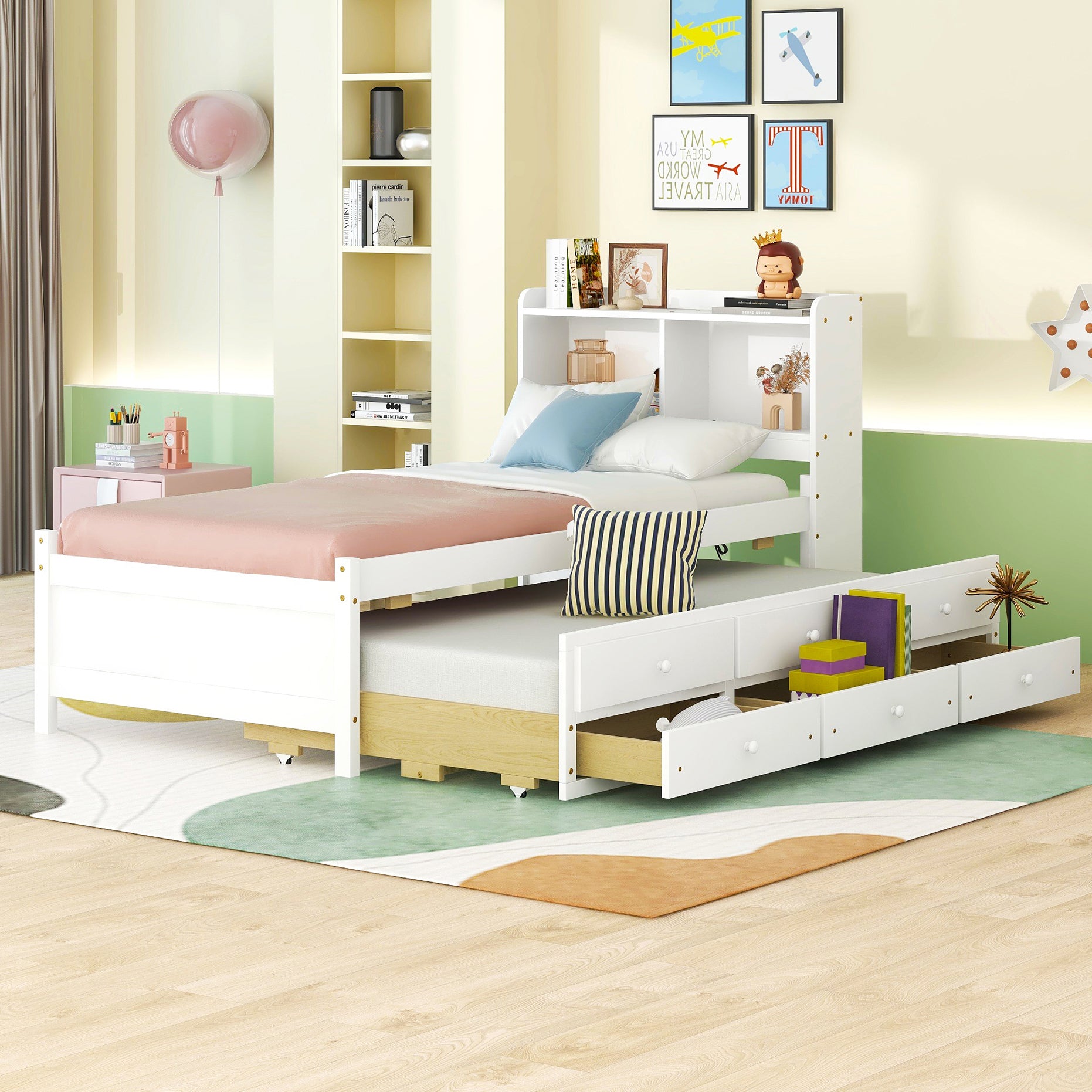 Twin Size Bed with built-in USB ,Type-C Ports, LED light, Bookcase Headboard, Trundle and 3 Storage Drawers, Twin Size Bed with Bookcase Headboard, Trundle and Storage drawers ,White - Atlantic Fine Furniture Melbourne FL