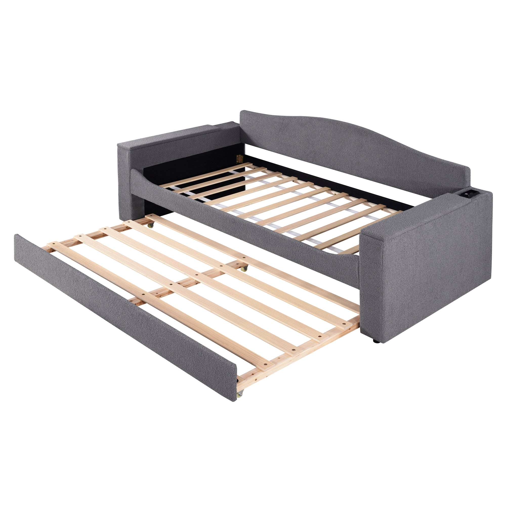 Twin Size Upholstered Daybed with Storage Armrests, Trundle and Latest Integrated Bluetooth Audio System, Teddy Fleece, Gray - Atlantic Fine Furniture Melbourne FL
