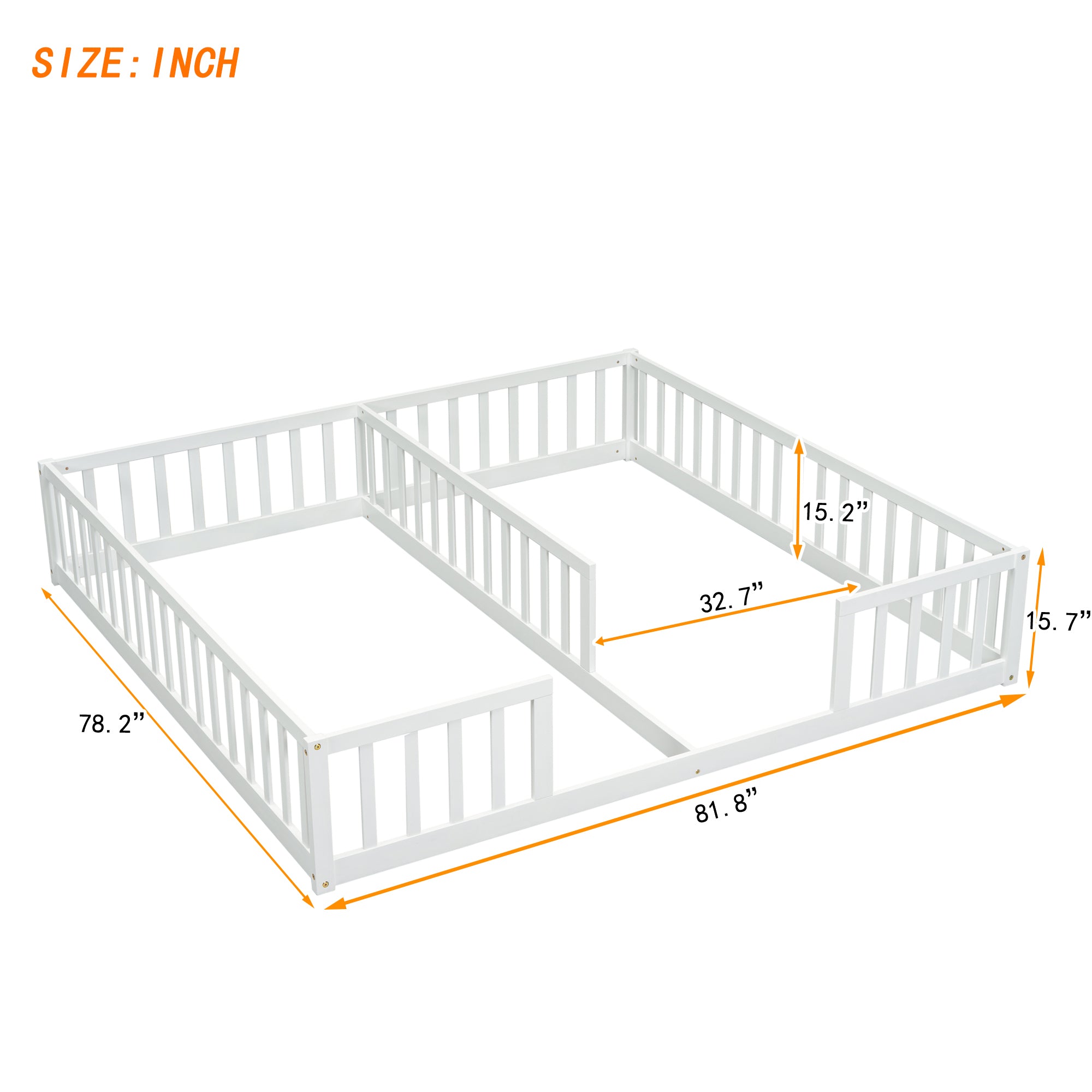 Double Twin Floor Bed with Fence, Guardrails, without door, White