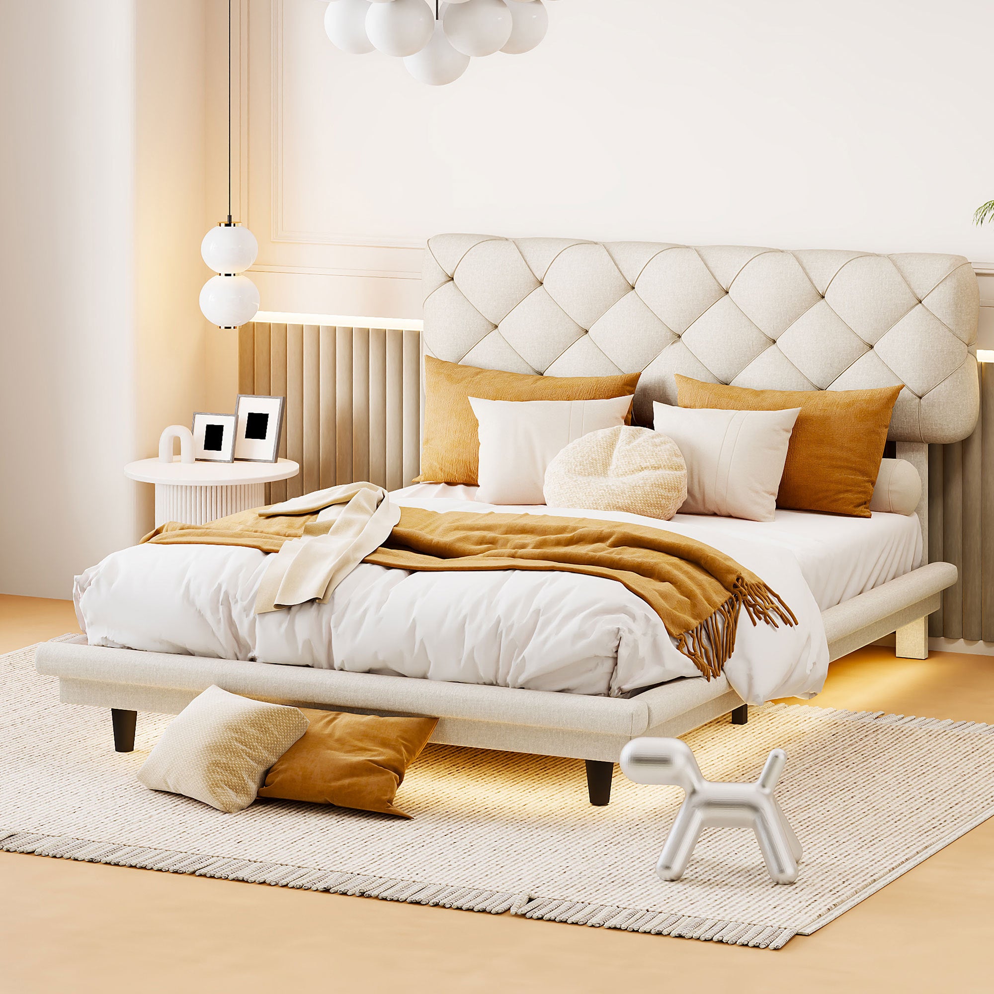 Full Size Upholstered Bed with Light Stripe, Floating Platform Bed, Linen Fabric,Beige - Atlantic Fine Furniture Melbourne FL