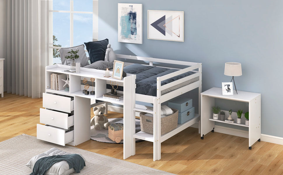 Full Size Low Loft Bed with Rolling Portable Desk, Drawers and Shelves, White(Old SKU: GX000711AAK)