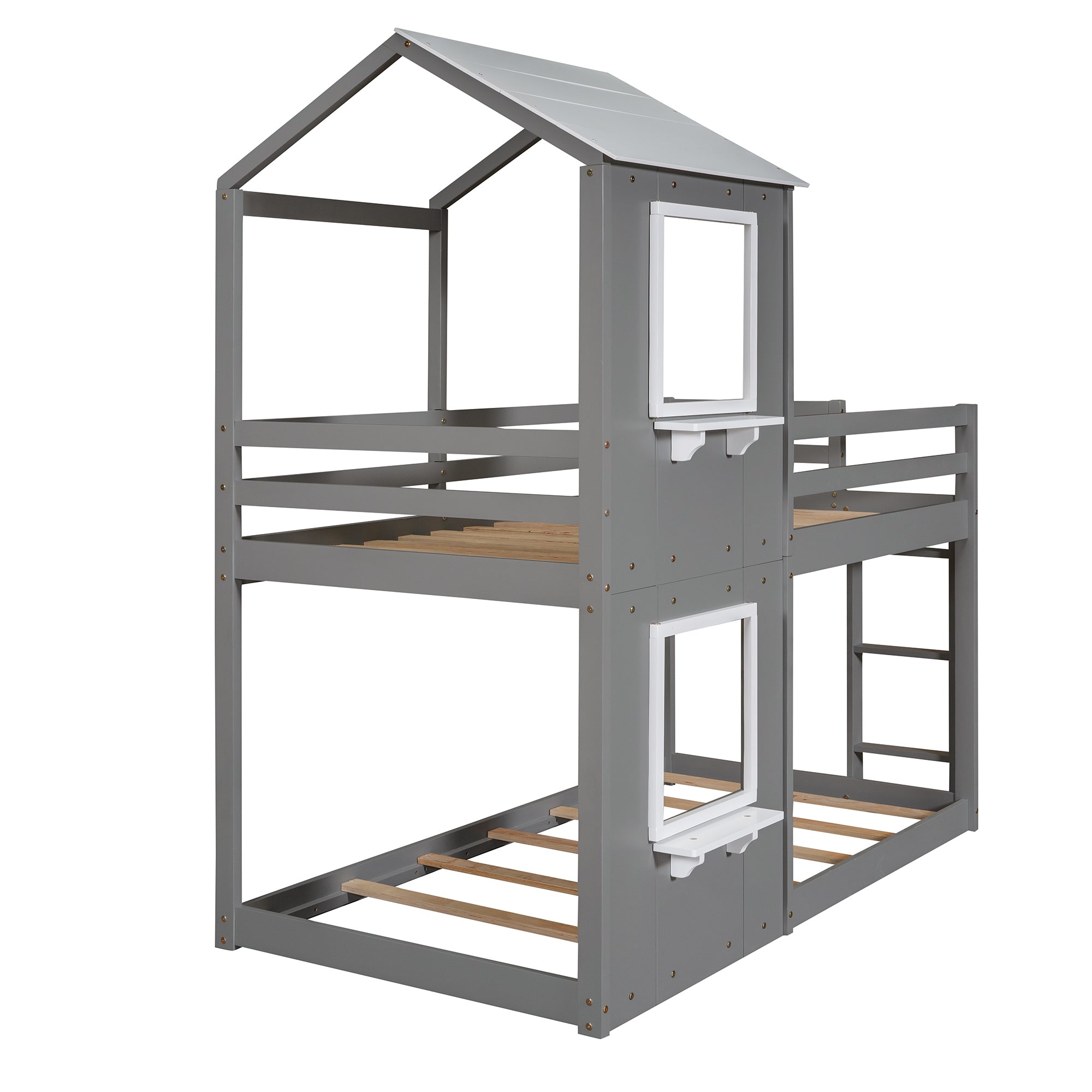 Twin Over Twin Bunk Bed Wood Bed with Roof, Window, Guardrail, Ladder (White) - Atlantic Fine Furniture Melbourne FL