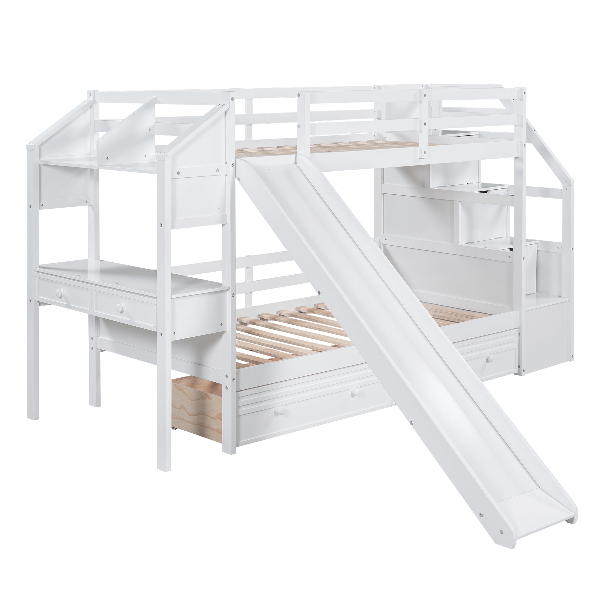 Twin over Twin Bunk Bed with Storage Staircase, Slide and Drawers, Desk with Drawers and Shelves, White - Atlantic Fine Furniture Melbourne FL