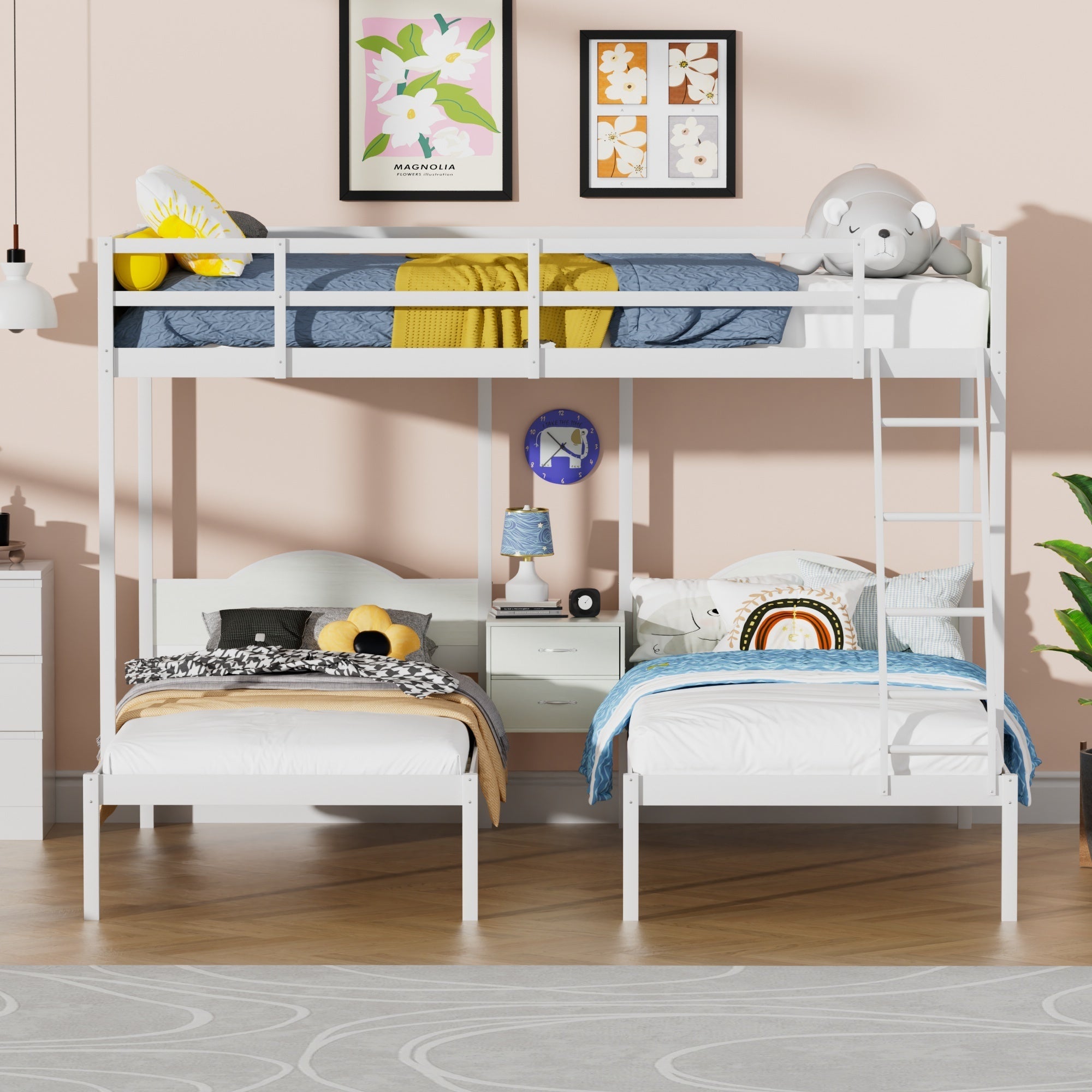 Full Over Twin & Twin Bunk Bed Metal Triple Bed With Nightstand and Guardrails. White, 96.9'' L x 76'' W x 69'' H