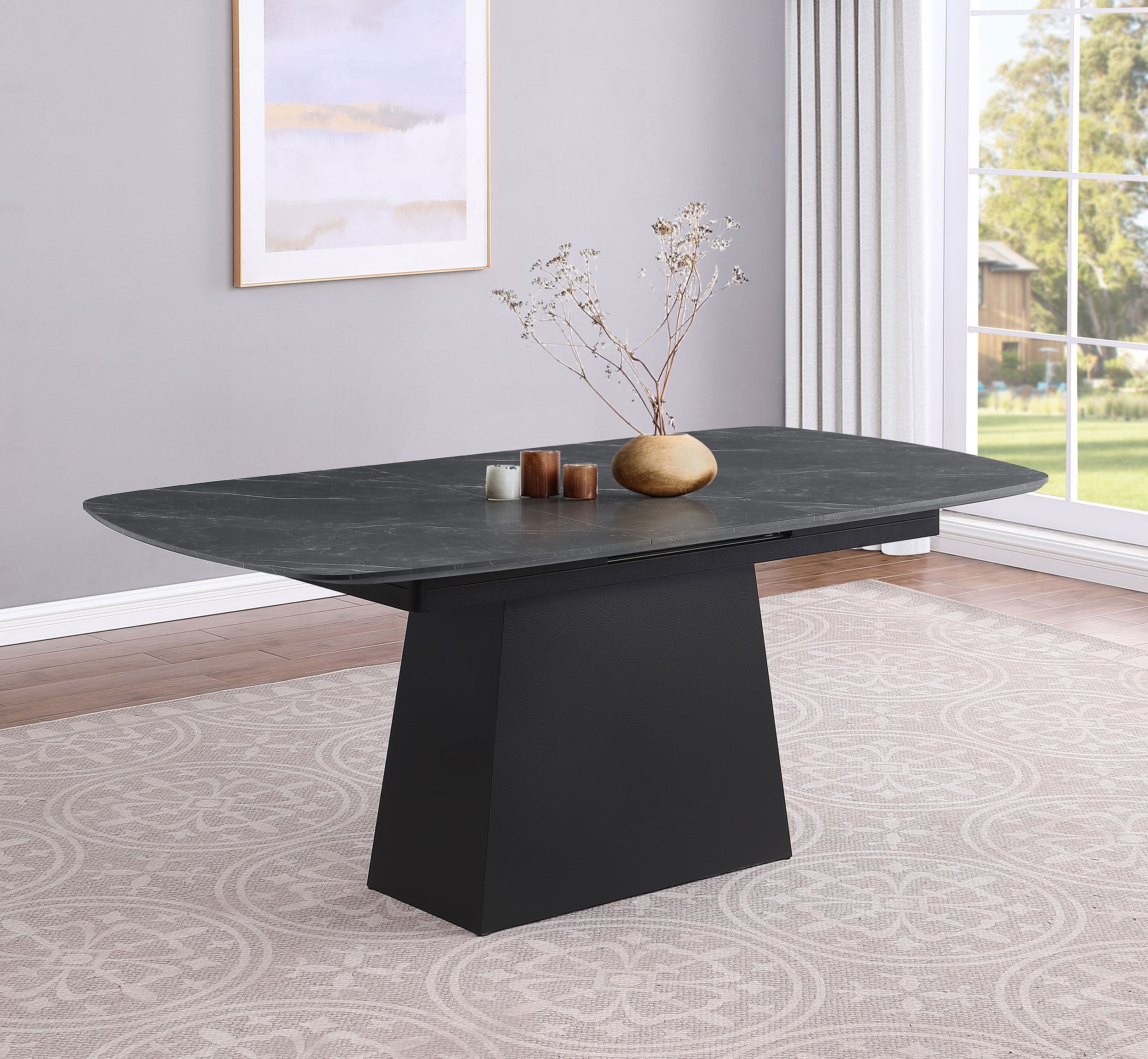 Potero 73-inch Faux Marble Extension Leaf Dining Table Black — view 2
