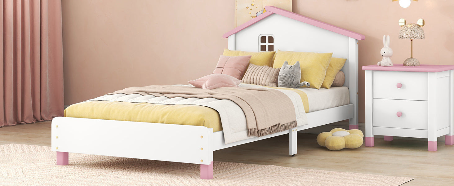 Twin Size Wood Platform Bed with House-shaped Headboard (White+Pink)
