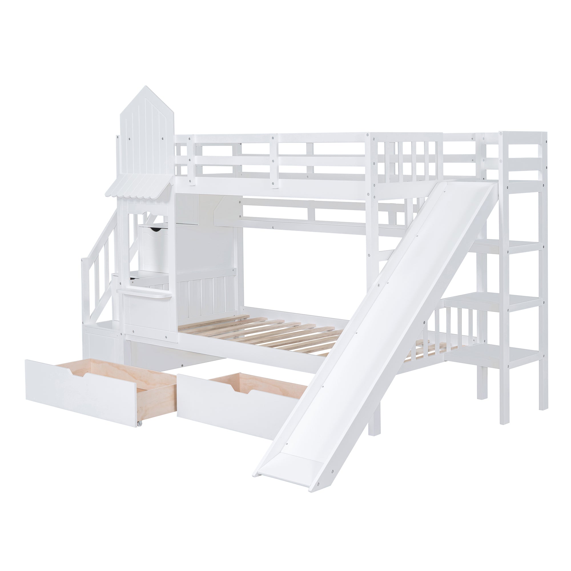 Twin-Over-Twin Castle Style Bunk Bed with 2 Drawers 3 Shelves and Slide - White - Atlantic Fine Furniture Melbourne FL
