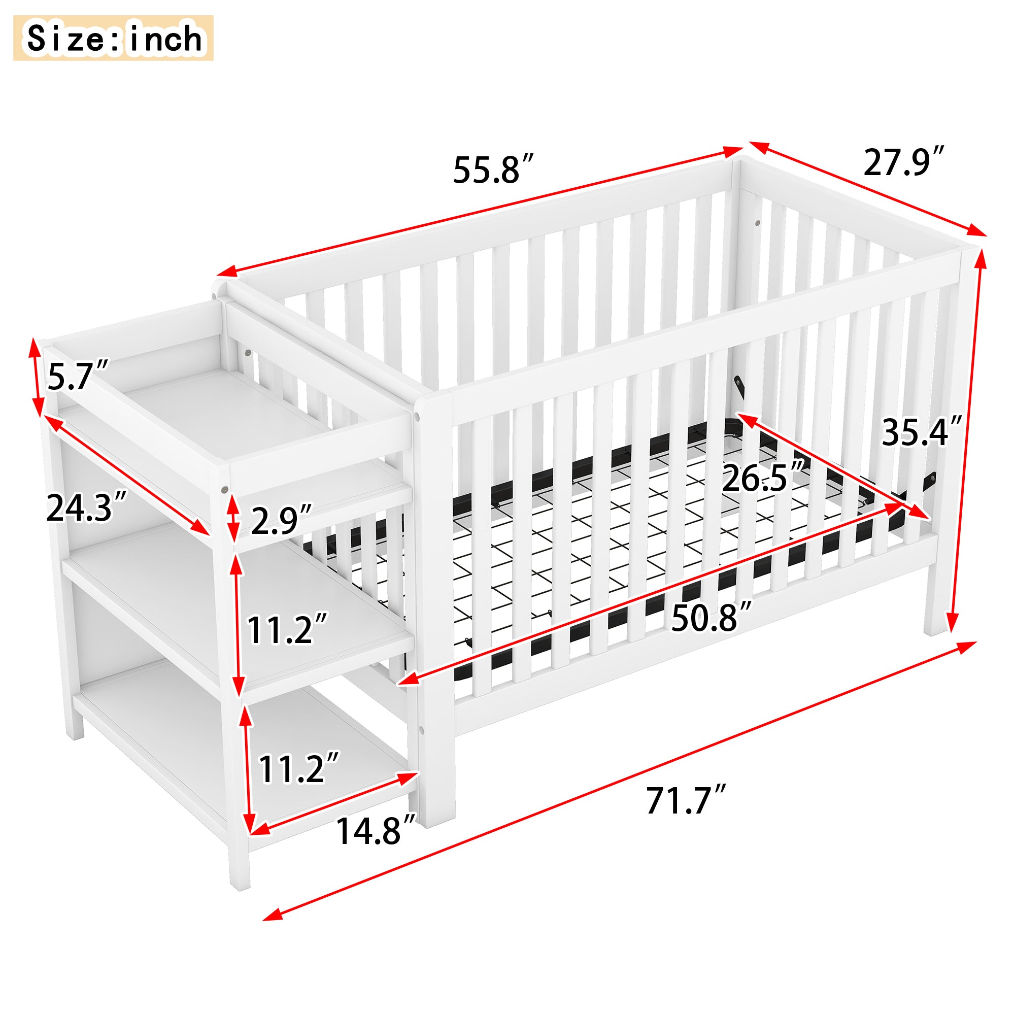 Convertible Crib/Full Size Bed with Changing Table, White - Atlantic Fine Furniture Melbourne FL