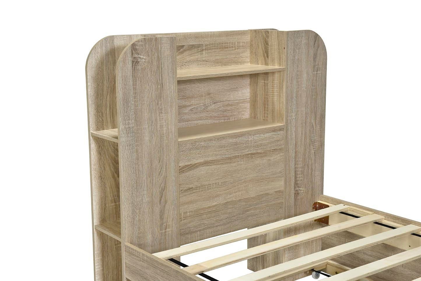 Twin Size Storage Platform Bed Frame with with Trundle and Light Strip Design in Headboard,Natural - Atlantic Fine Furniture Melbourne FL