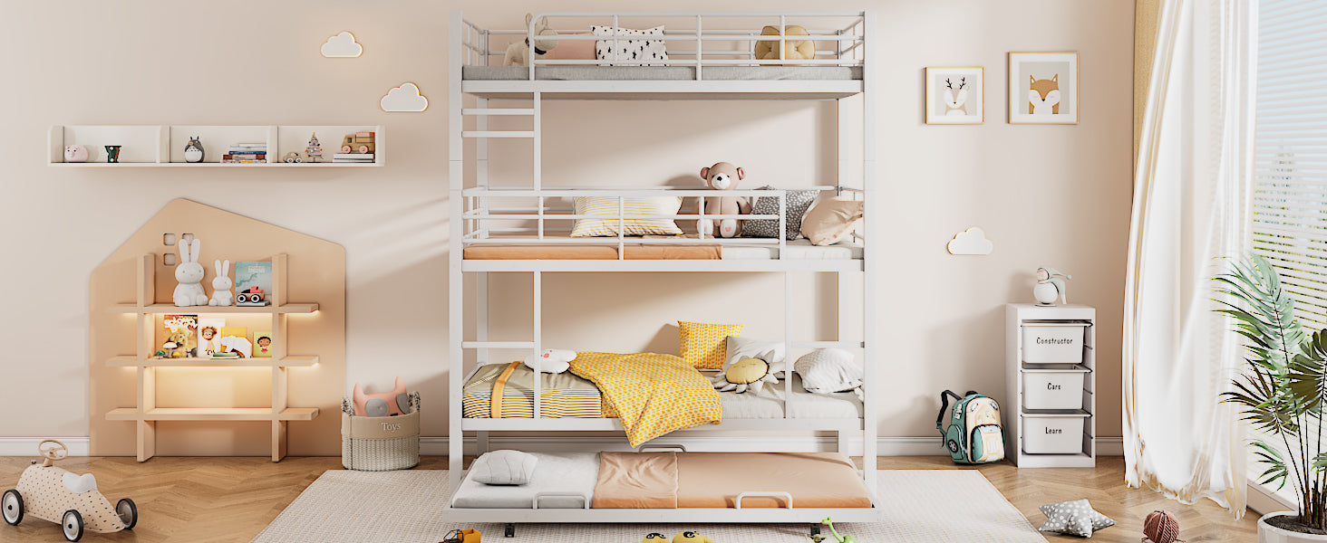 Metal Twin Size Triple Bunk Bed With Trundle, White