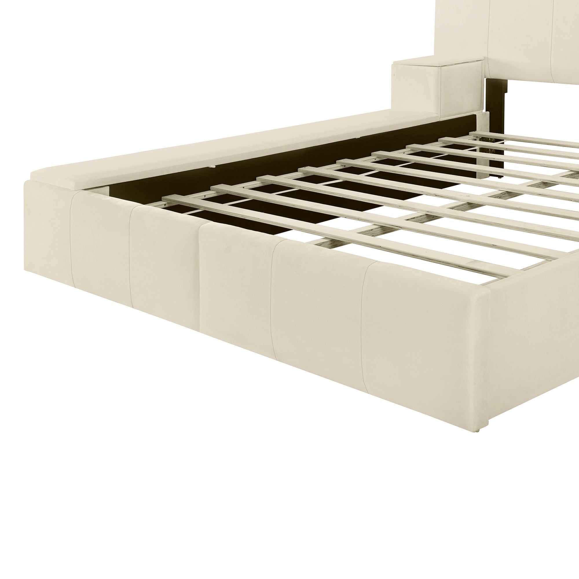 Queen Size Upholstered Platform Bed with Lateral Storage Compartments and Thick Fabric, Velvet, Beige - Atlantic Fine Furniture Melbourne FL