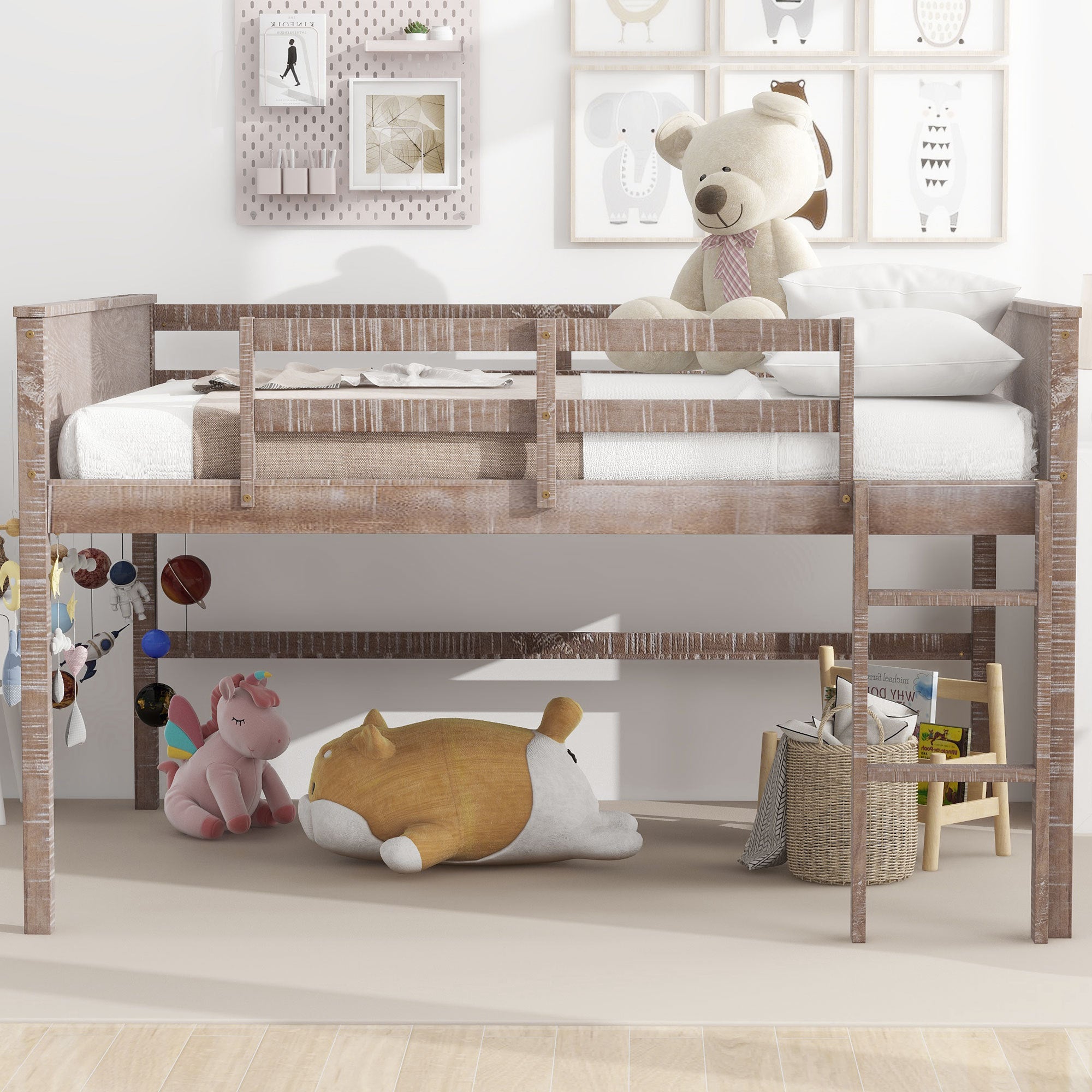 Wood Full Size Loft Bed with Hanging Clothes Racks, White Rustic Natural - Atlantic Fine Furniture Melbourne FL