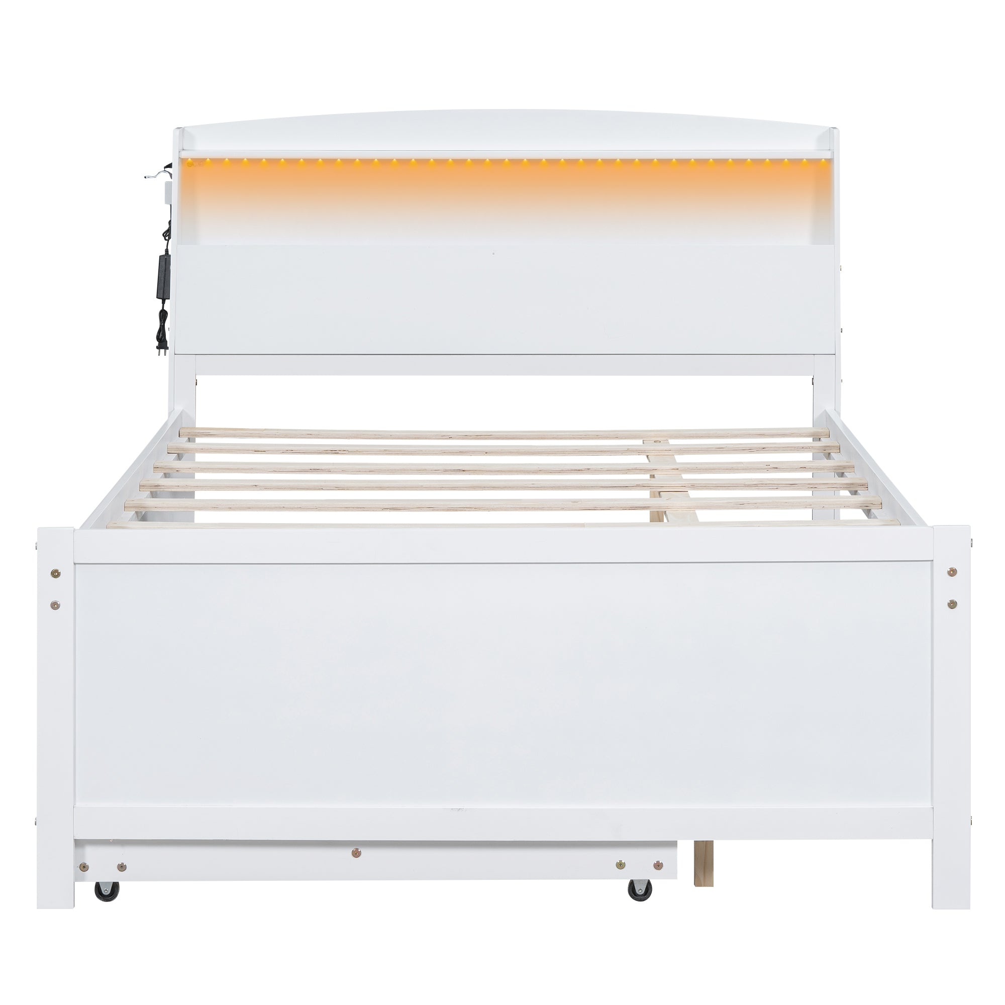 Full Size Platform Bed with Storage LED Headboard, Twin Size Trundle and 3 Drawers, White - Atlantic Fine Furniture Melbourne FL