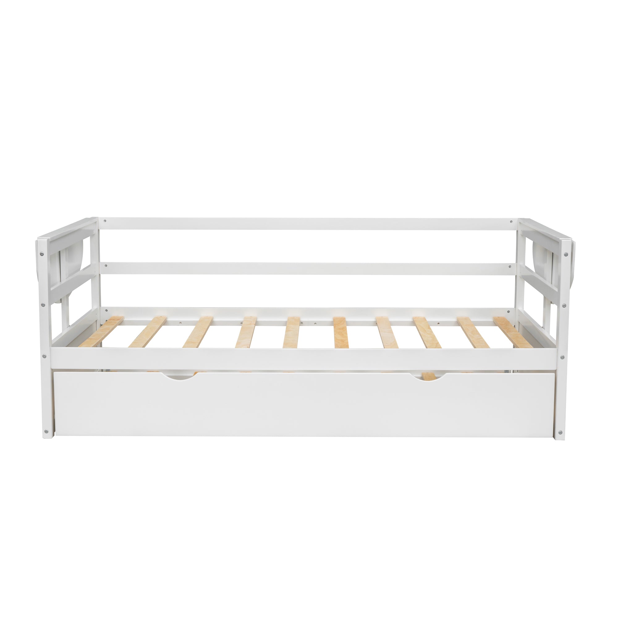 Twin Size Daybed with Trundle and Foldable Shelves on Both Sides,White