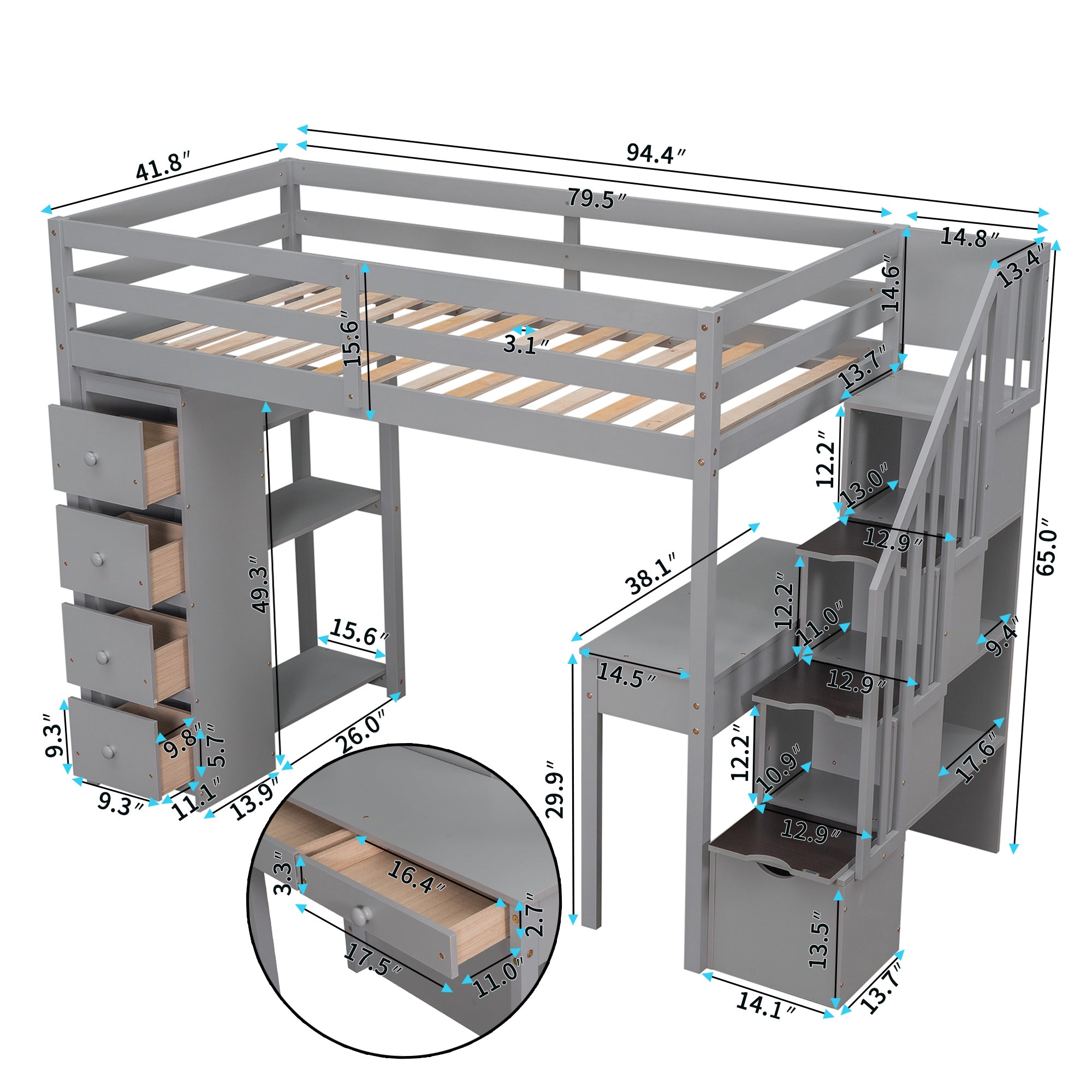 Twin size Loft Bed with Storage Drawers ,Desk and Stairs, Wooden Loft Bed with Shelves - Gray - Atlantic Fine Furniture Melbourne FL