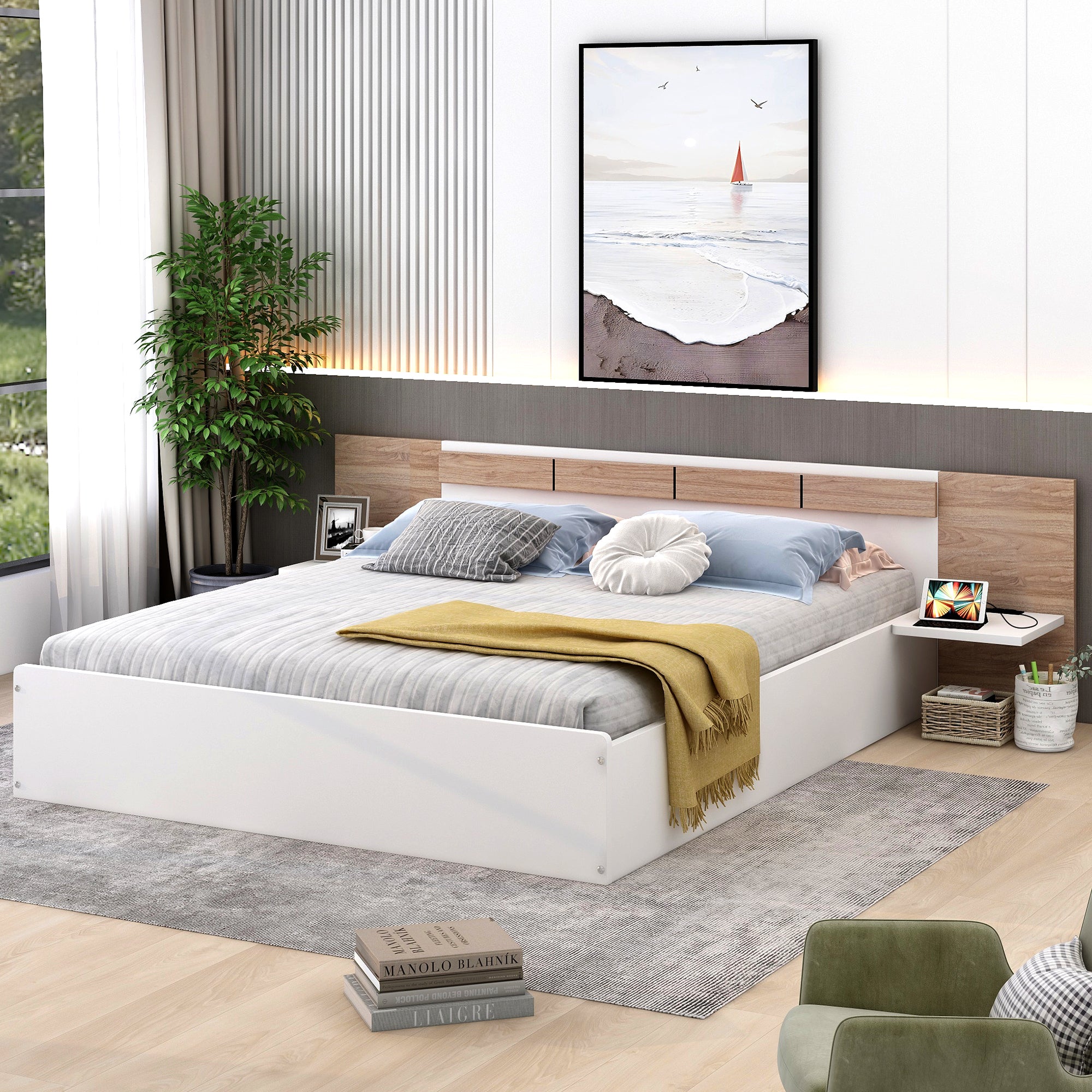 Queen Size Platform Bed with Headboard, Shelves, USB Ports and Sockets, White - Atlantic Fine Furniture Melbourne FL