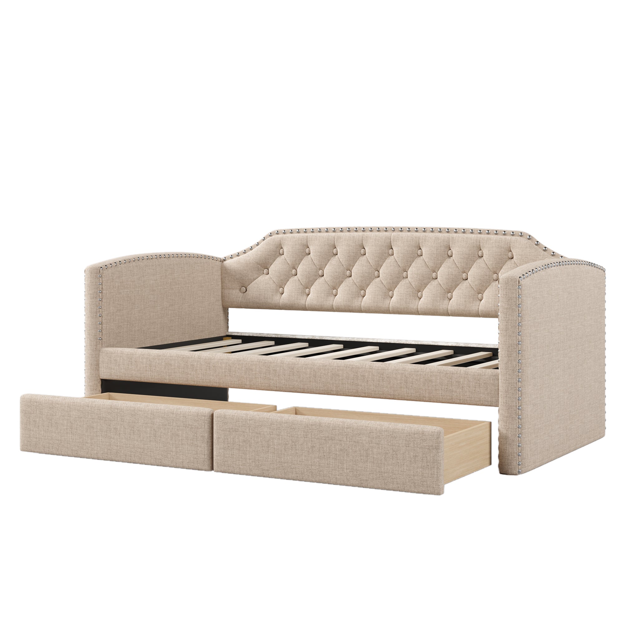 Twin Size Upholstered Daybed with Drawers for Guest Room, Small Bedroom, Study Room, Beige - Atlantic Fine Furniture Melbourne FL