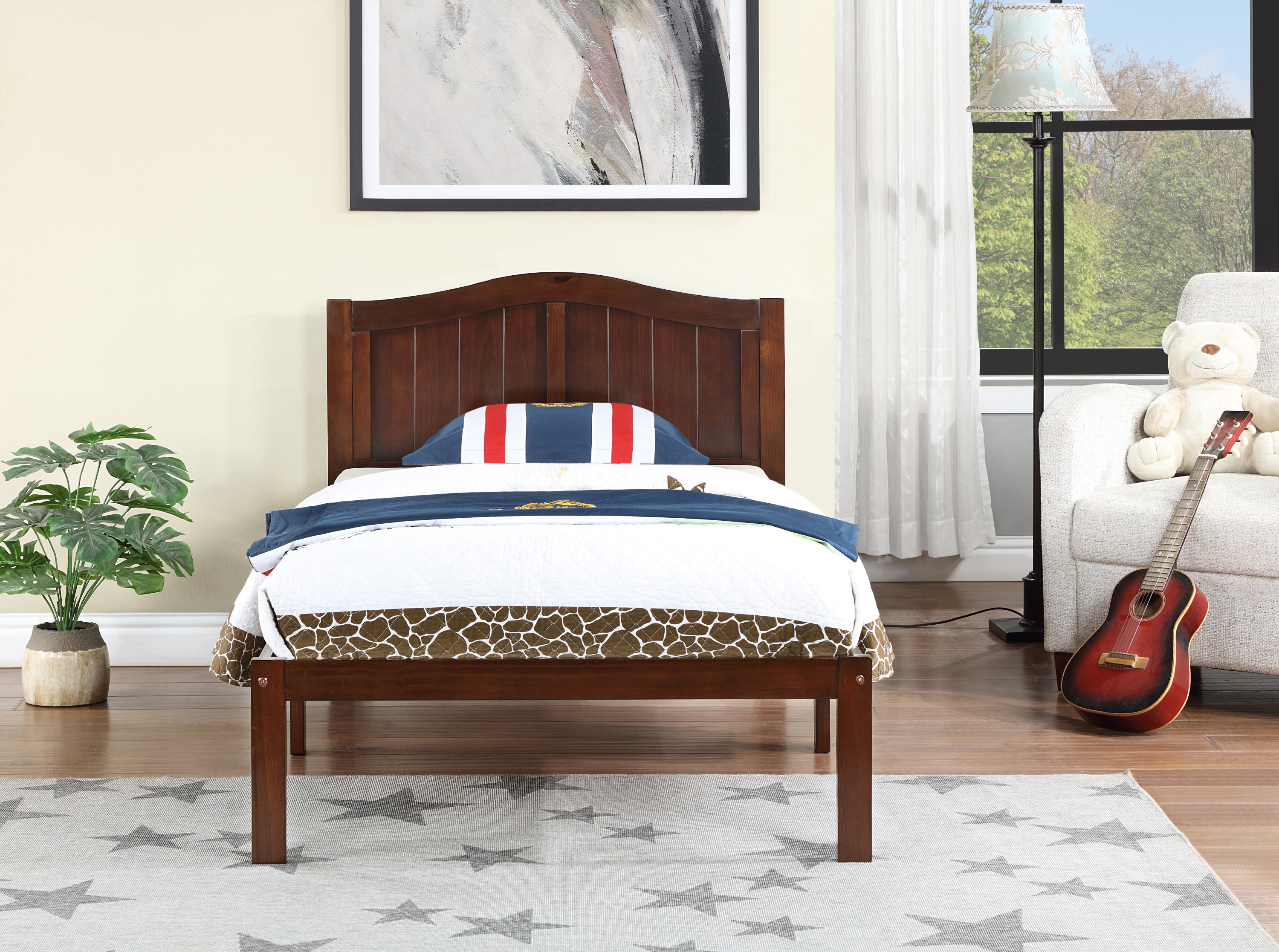 Twin Size Bed, Wood Platform Bed Frame with Headboard For Kids, Slatted, Dark Walnut - Atlantic Fine Furniture Melbourne FL