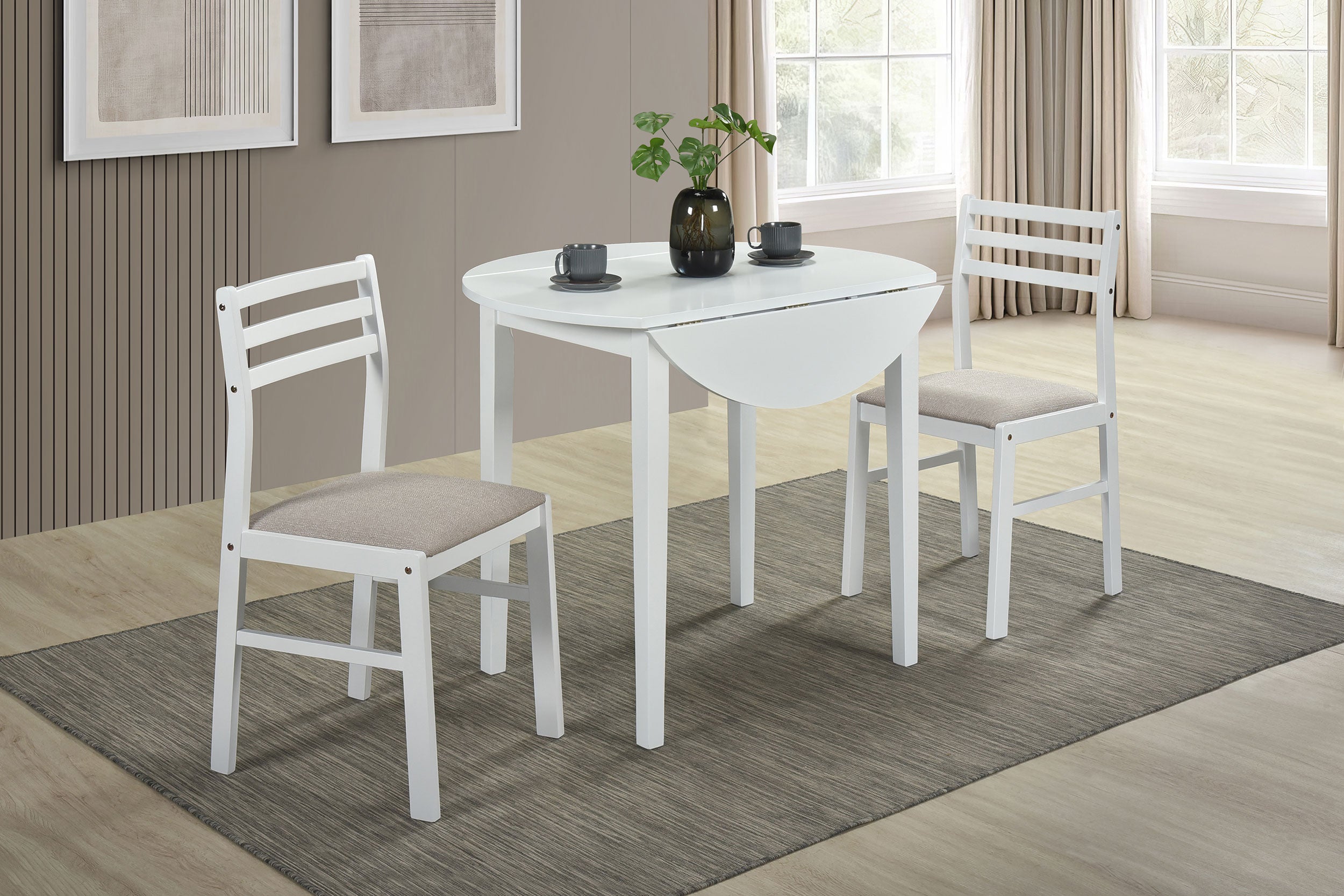 Bucknell 3-piece Round Drop Leaf Dining Table Set White — view 3