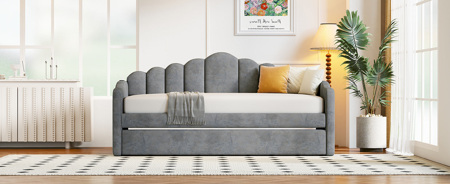 Twin size Upholstered Daybed with Trundle ,Velvet Sofabed with USB Charging Ports,No Box-spring Needed,Gray - Atlantic Fine Furniture Melbourne FL