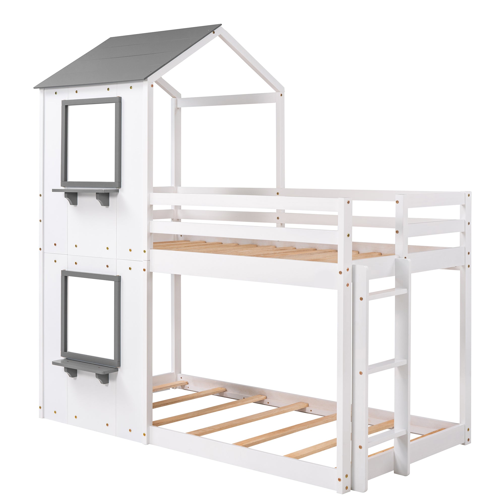 Twin Over Twin Bunk Bed Wood Bed with Roof, Window, Guardrail, Ladder (White)(OLD SKU :LP000056AAK) - Atlantic Fine Furniture Melbourne FL