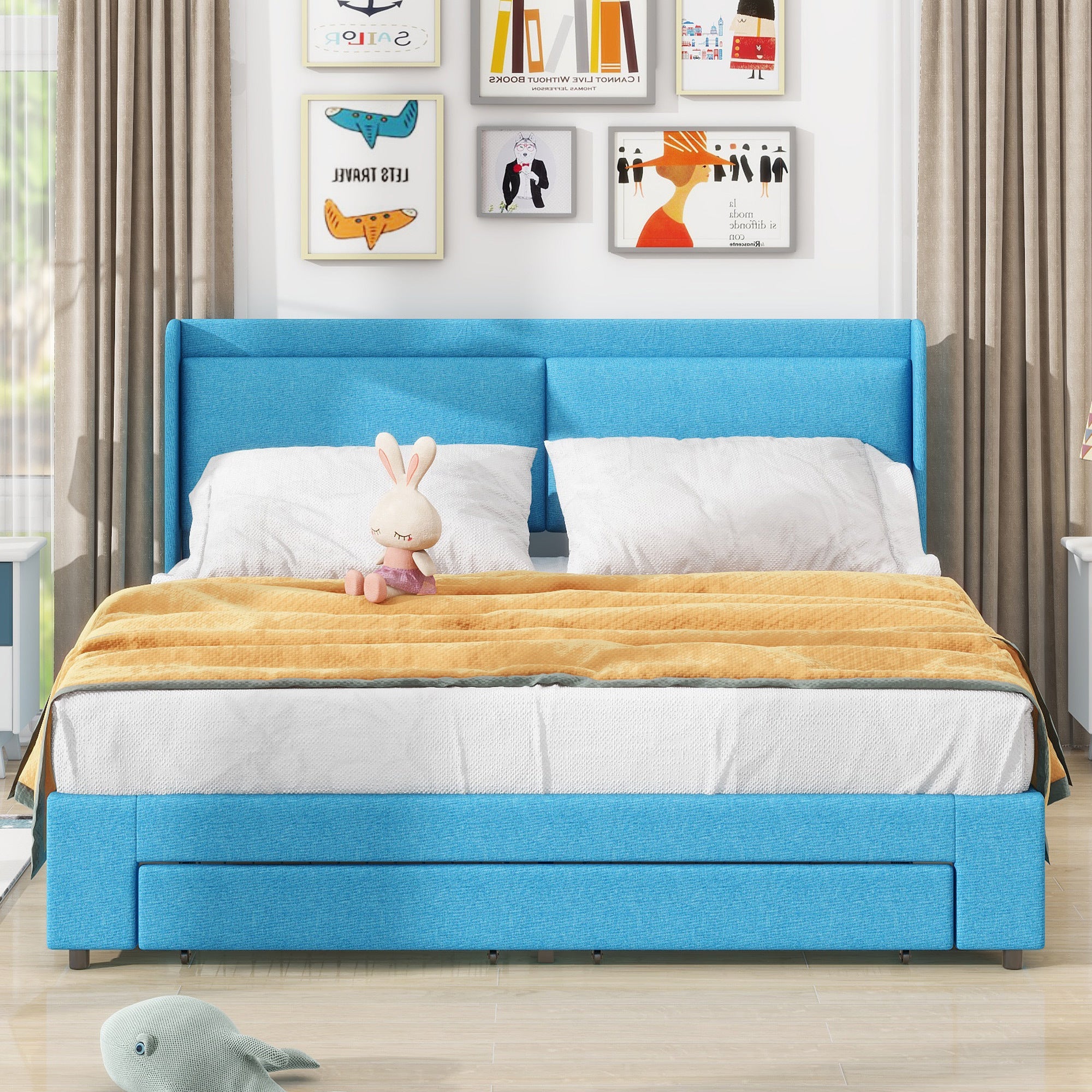 Queen Size Storage Upholstered Hydraulic Platform Bed with 2 Drawers, Blue - Atlantic Fine Furniture Melbourne FL