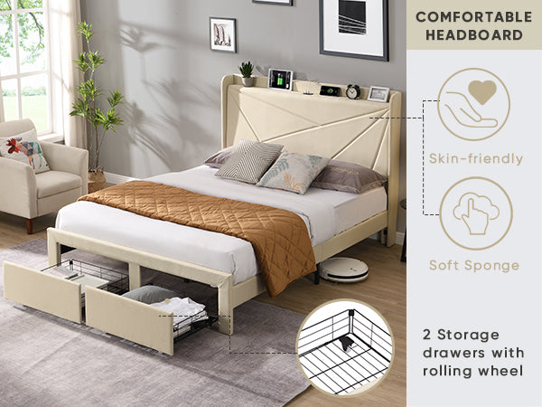 Queen Size Bed Frame with 2 Storage Drawers, Upholstered Bed Frame with Wingback Headboard Storage Shelf Built-in USB Charging Stations and Strong Wood Slats Support, No Box Spring Needed, Beige