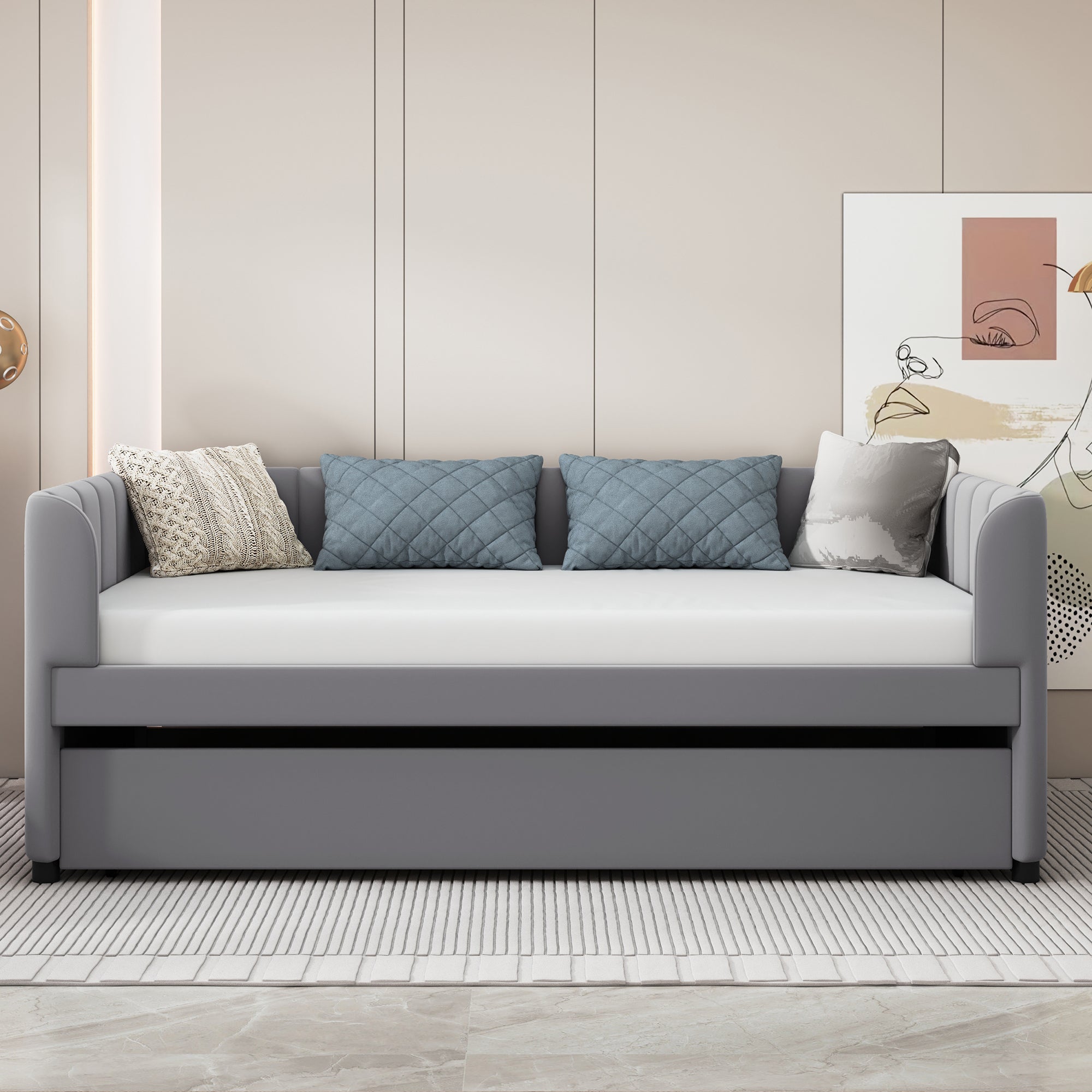Twin Size Upholstered Daybed with Ergonomic Design Backrest and Trundle, Gray - Atlantic Fine Furniture Melbourne FL