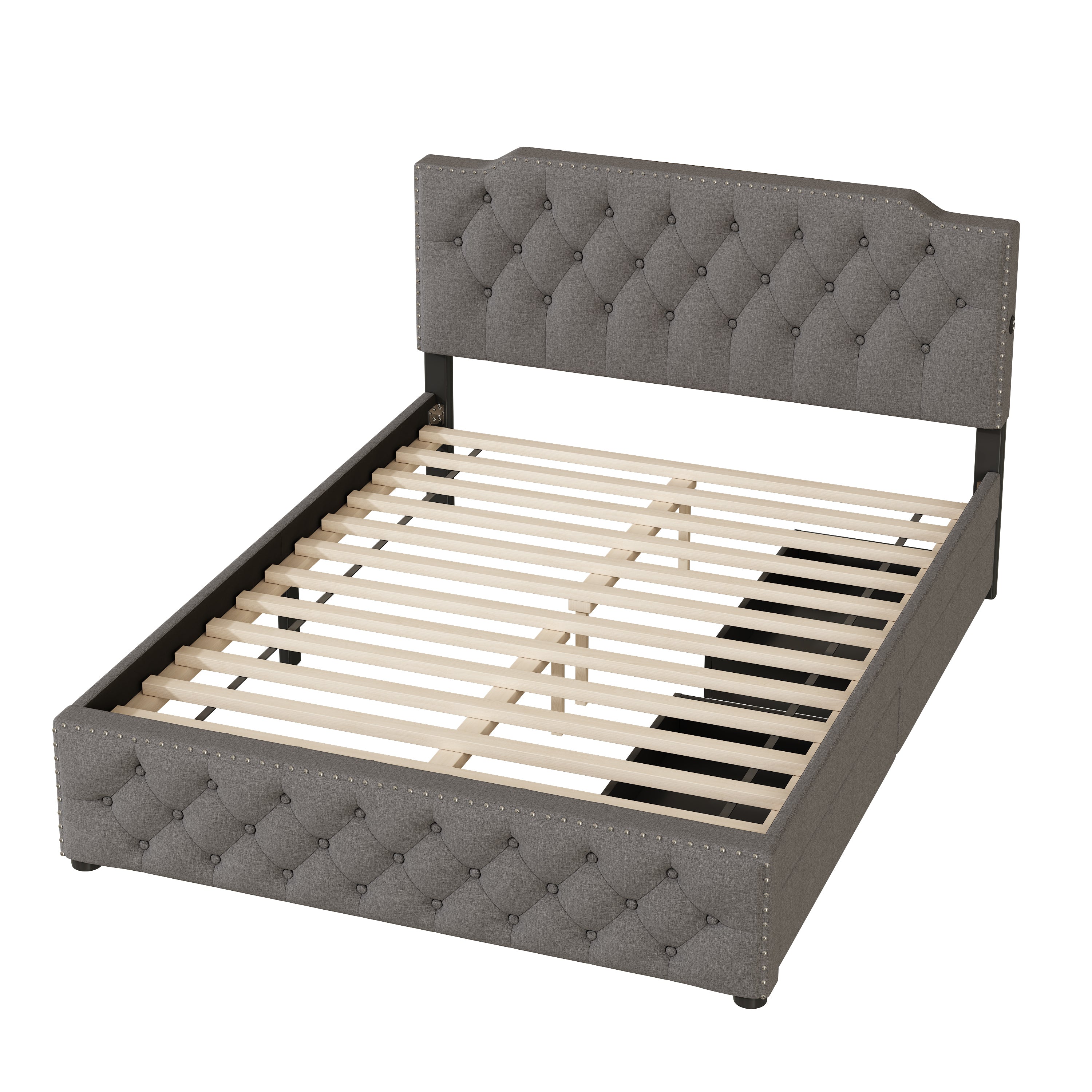 Queen Size Upholstered Platform Bed with 2 Drawers and 2 sets of USB Ports on each side, Linen Fabric, Gray - Atlantic Fine Furniture Melbourne FL