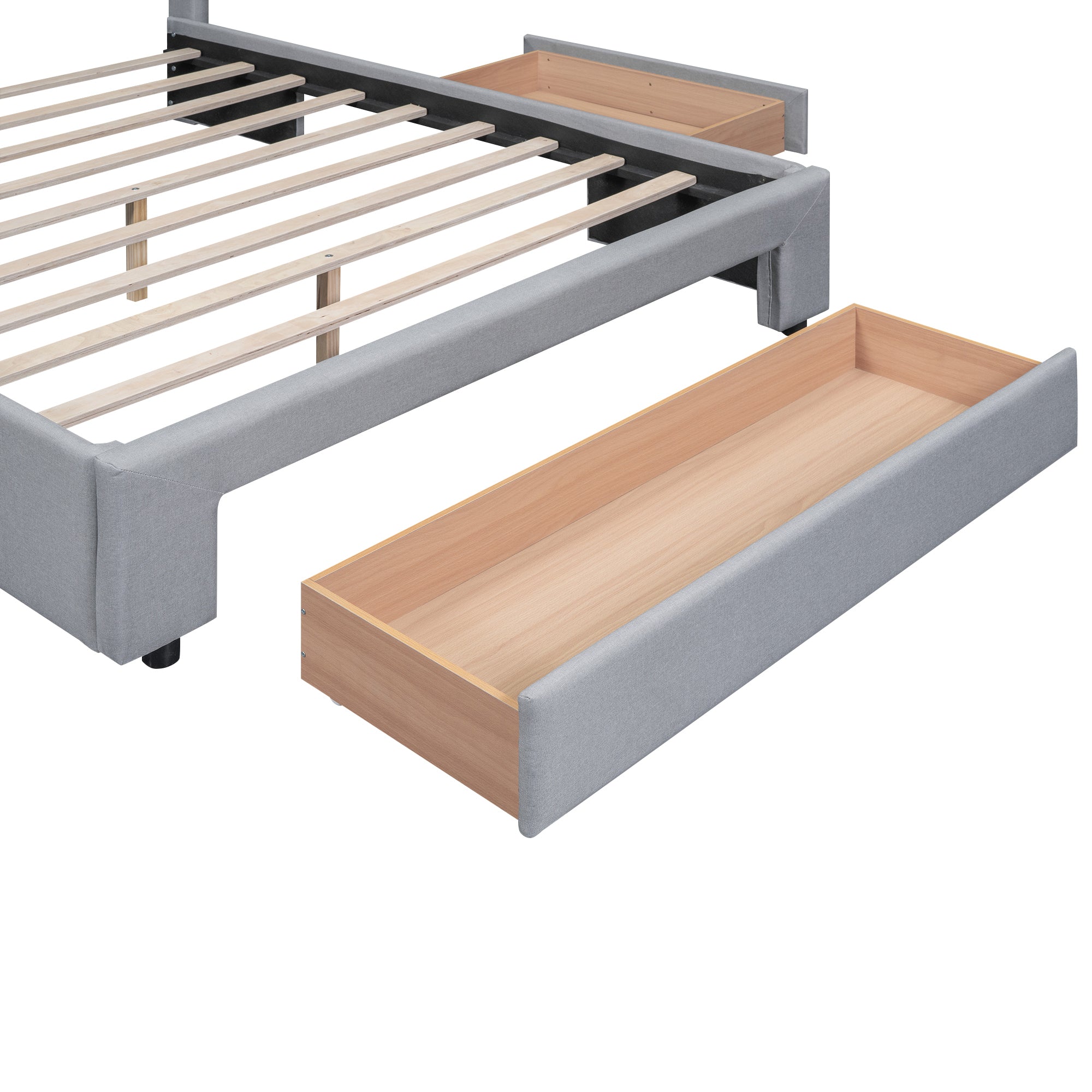 Queen Size Upholstered Platform Bed with One Large Drawer in the Footboard and Drawer on Each Side,Gray - Atlantic Fine Furniture Melbourne FL
