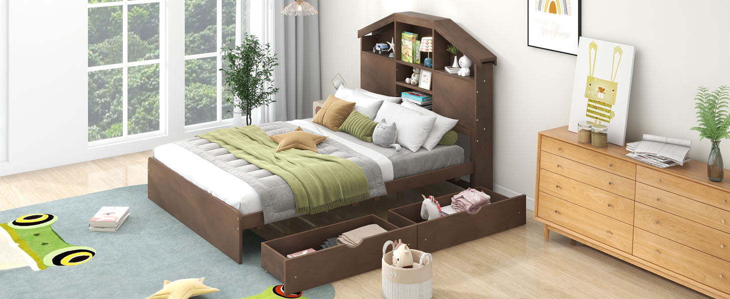Full Size Wood Platform Bed with House-shaped Storage Headboard and 2 Drawers, Walnut - Atlantic Fine Furniture Melbourne FL