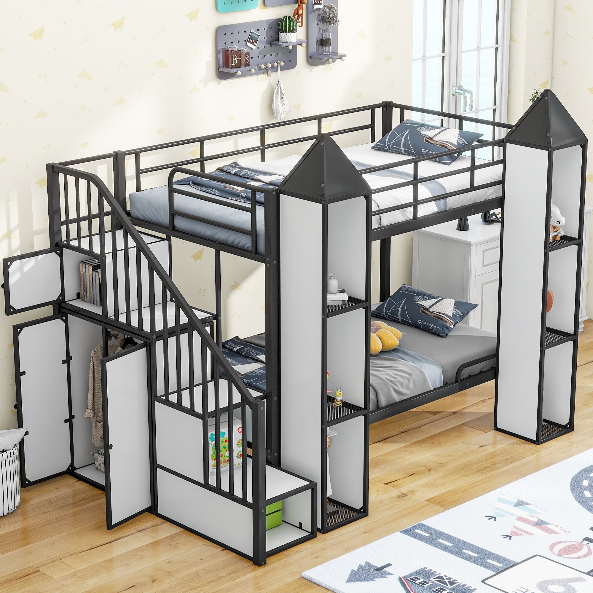 Metal Twin over Twin Castle-shaped Bunk Bed with Wardrobe and Multiple Storage, Black+White - Atlantic Fine Furniture Melbourne FL