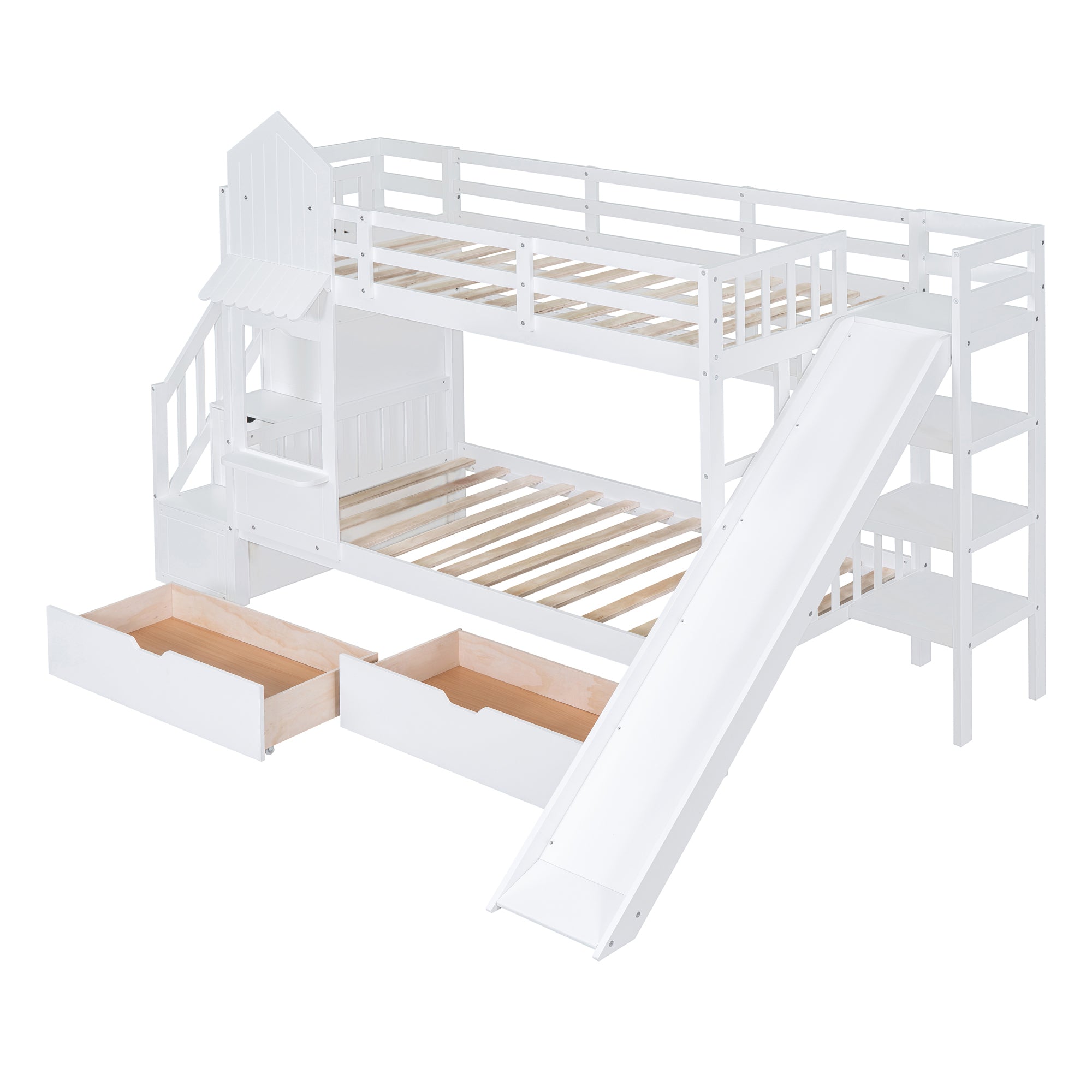 Twin-Over-Twin Castle Style Bunk Bed with 2 Drawers 3 Shelves and Slide - White - Atlantic Fine Furniture Melbourne FL