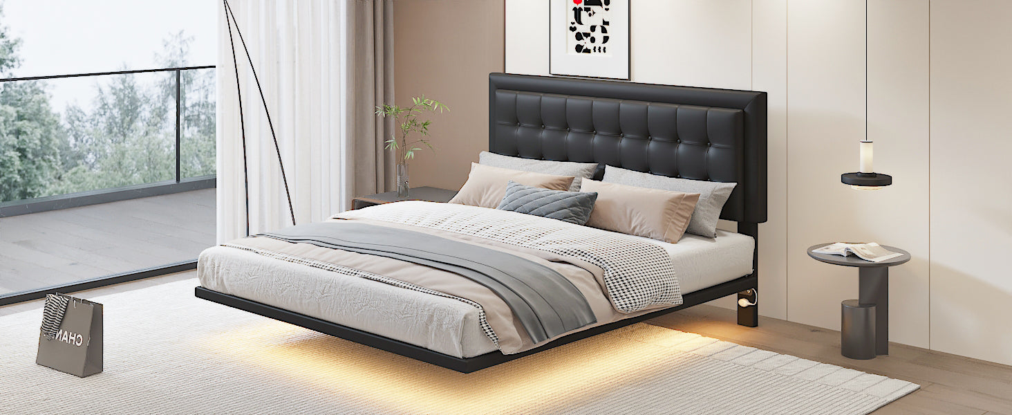 Queen Size Floating Bed Frame with Motion Activated Night Lights,Modern PU Upholstered Button Tufted Platform Bed Frame,Black - Atlantic Fine Furniture Melbourne FL