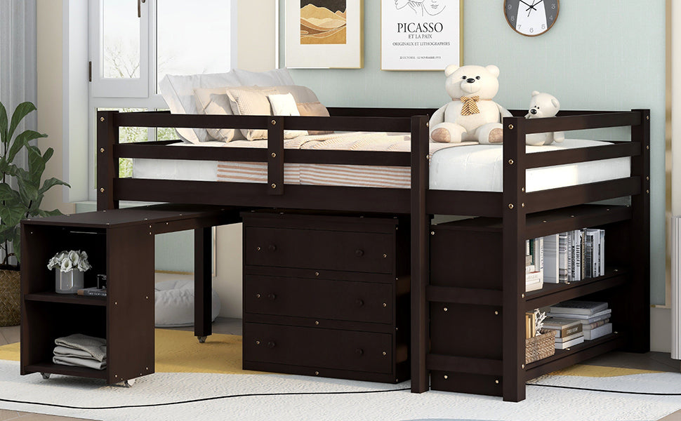 Low Study Full Loft Bed with Cabinet ,Shelves and Rolling Portable Desk ,Multiple Functions Bed- Espresso - Atlantic Fine Furniture Melbourne FL