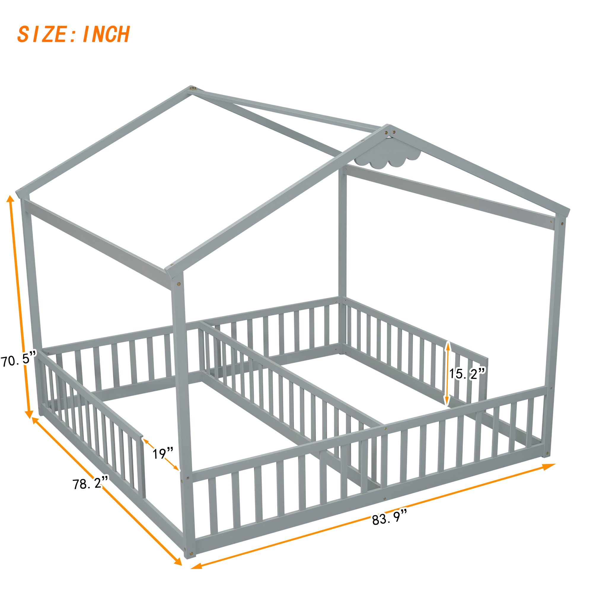 Double Twin House-Style Floor Bed with Fence, Guardrails, without door, Grey