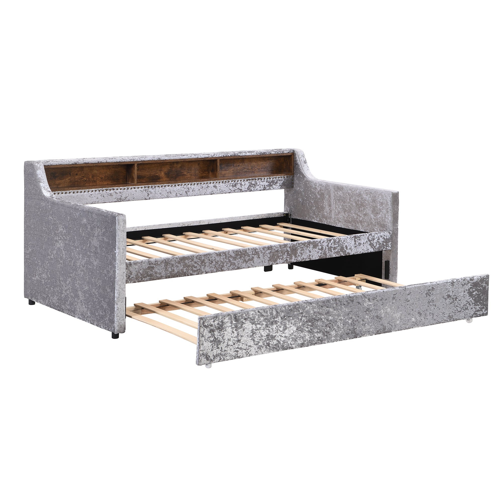 Twin Size Snowflake Velvet Daybed with Trundle and Built-in Storage Shelves,Gray - Atlantic Fine Furniture Melbourne FL