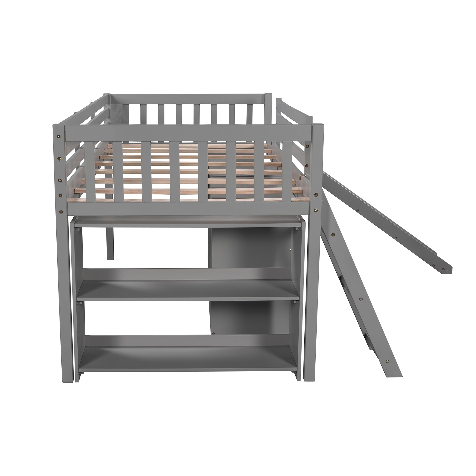 Low Loft Bed with Attached Bookcases and Separate 3-tier Drawers,Convertible Ladder and Slide,Twin,Gray - Atlantic Fine Furniture Melbourne FL