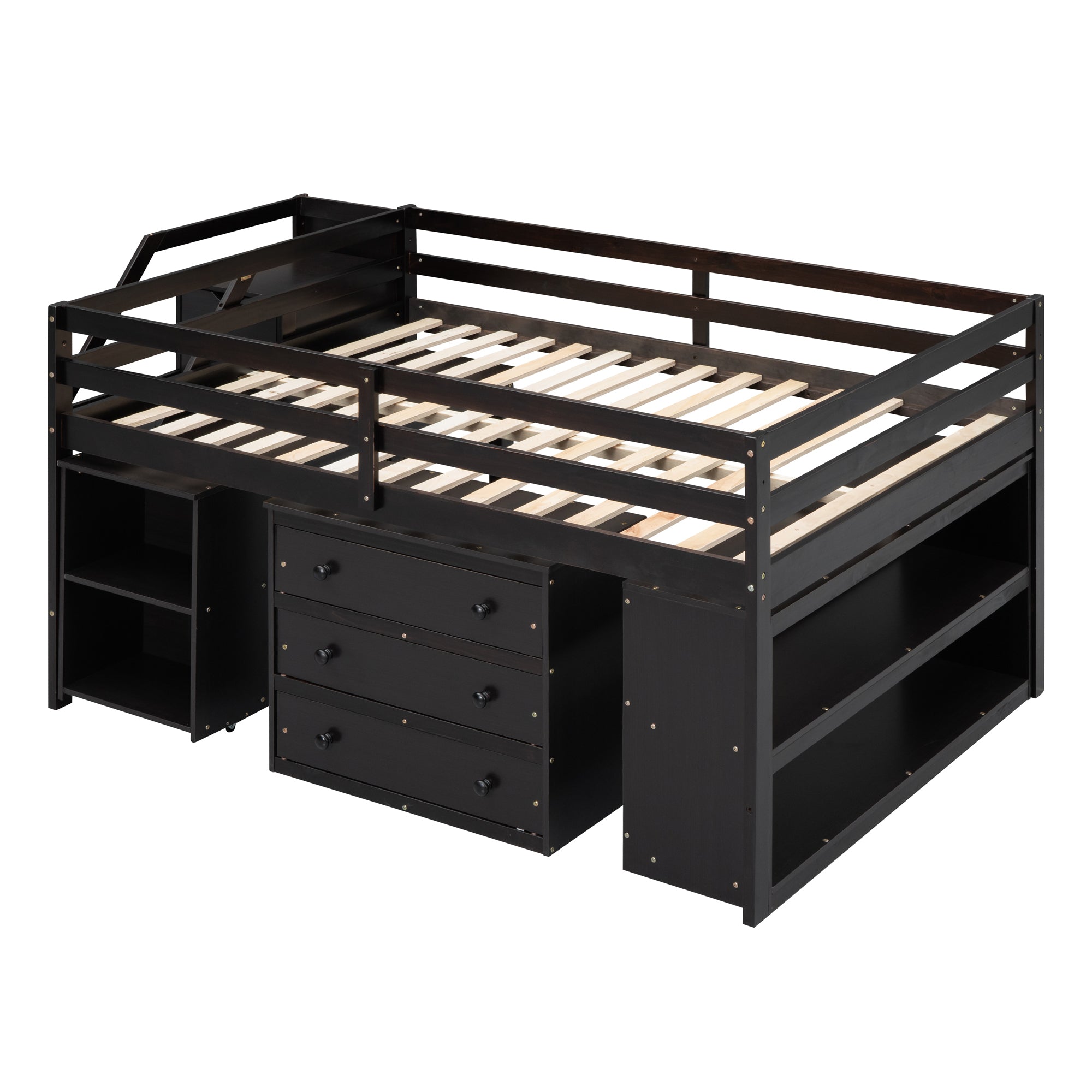 Full Size Loft Bed with Retractable Writing Desk and 3 Drawers, Wooden Loft Bed with Storage Stairs and Shelves, Espresso - Atlantic Fine Furniture Melbourne FL